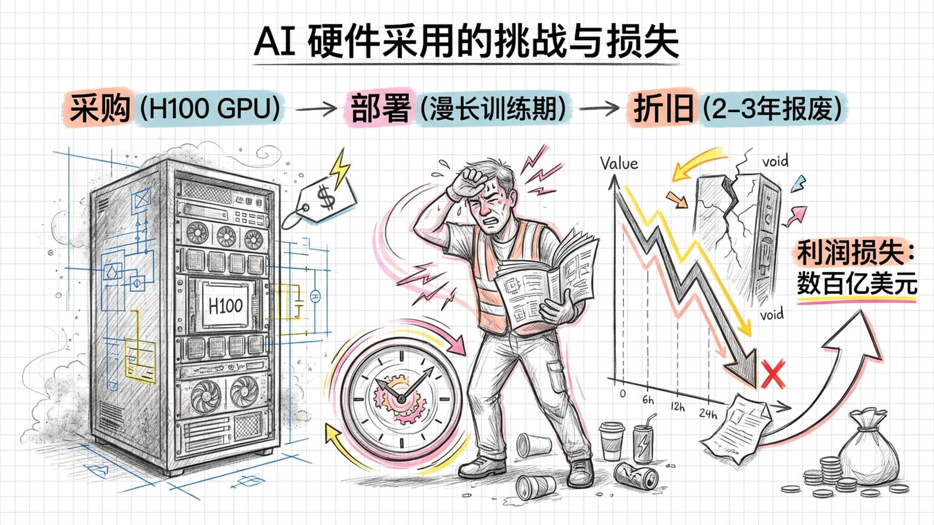 一台堆满灰尘的先进服务器，旁边是正在看手册流汗的工人，背景是飞速流逝的时钟和不断贬值的曲线图。