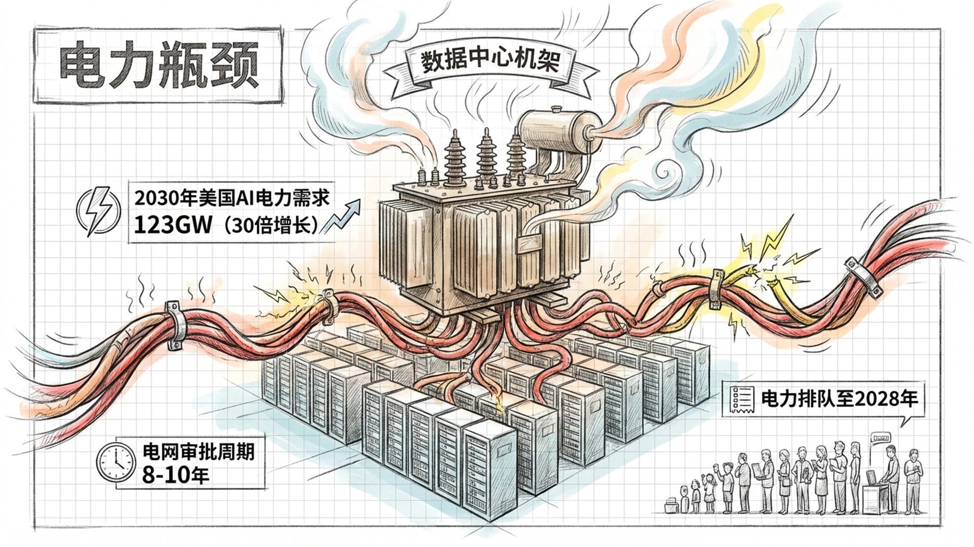 数据中心机架排列成行，上方的电线像火蛇一样发红，背景是一个巨大的老旧变压器在冒烟，象征电力瓶颈。