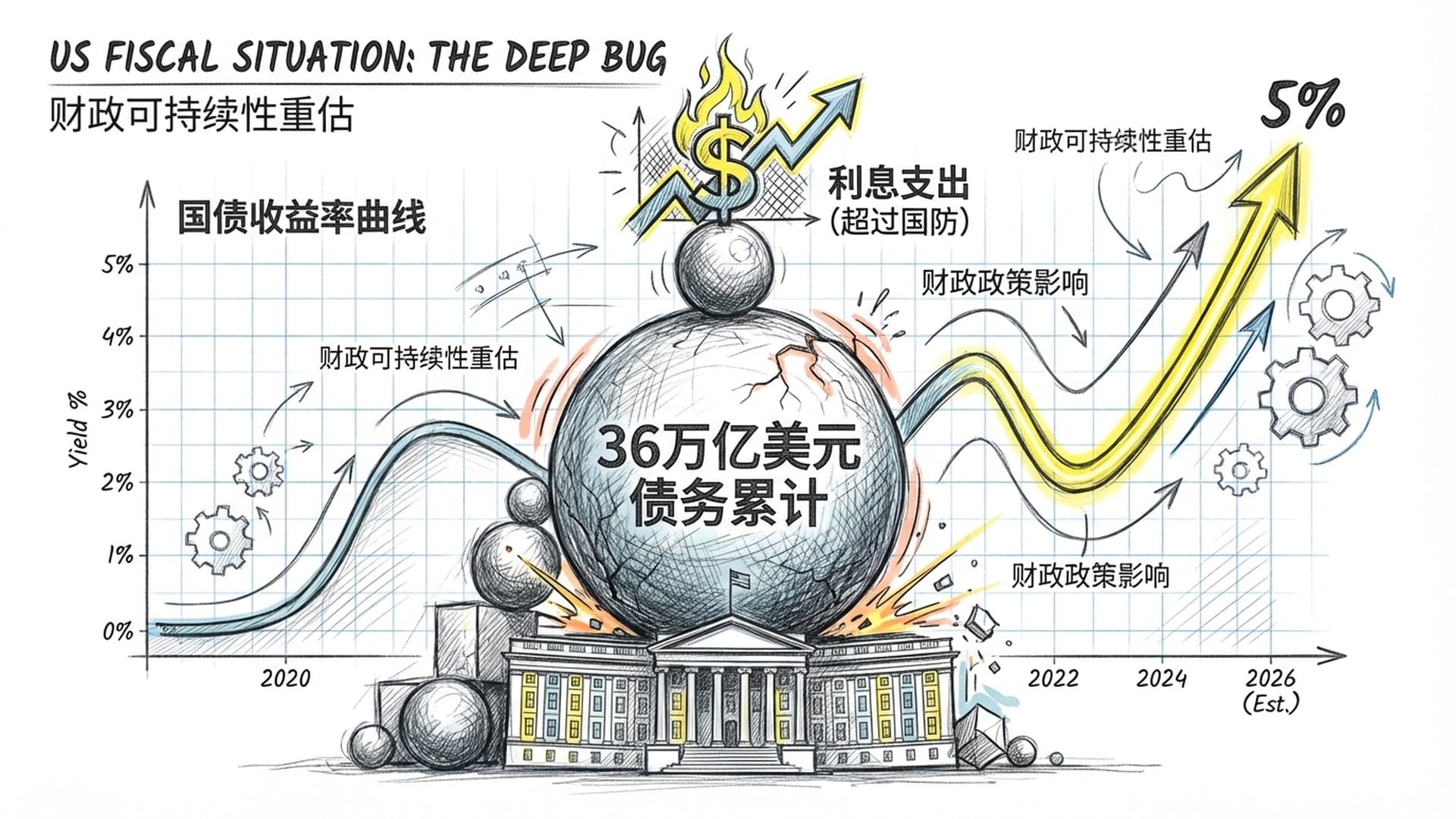 美国财政部的大楼，被一堆写着‘36万亿’的沉重债务球体压住，背景是国债收益率曲线像过山车一样冲上5%。