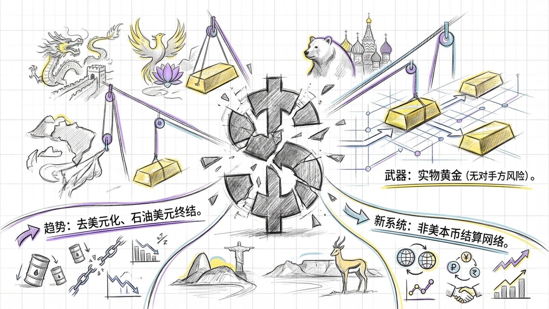 破碎的美元符号，背景是金砖国家（中国、印度、俄罗斯等）在搬运巨大的金砖，建立独立的跨境支付网格。