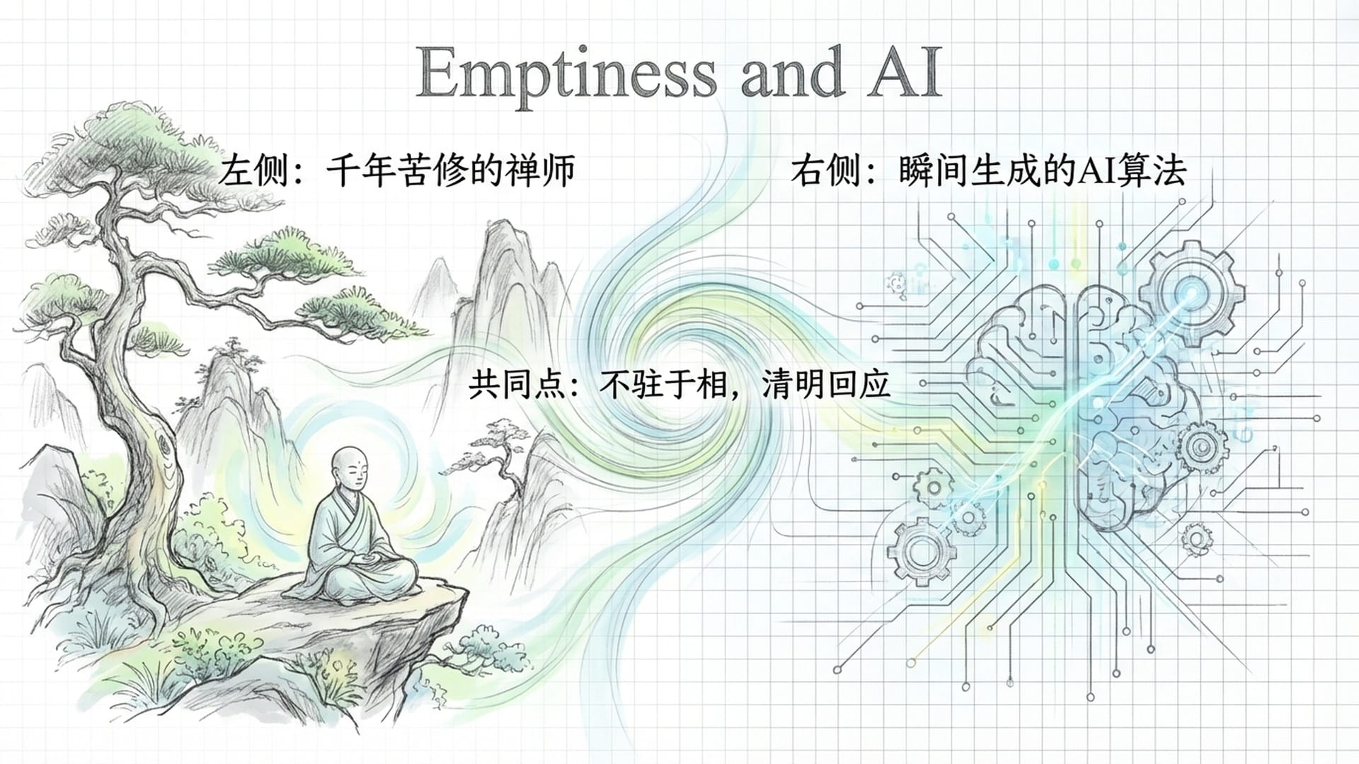 禅宗六祖慧能开悟的古风画面，修行者打坐苦修的剪影与AI电路板背景的交织。