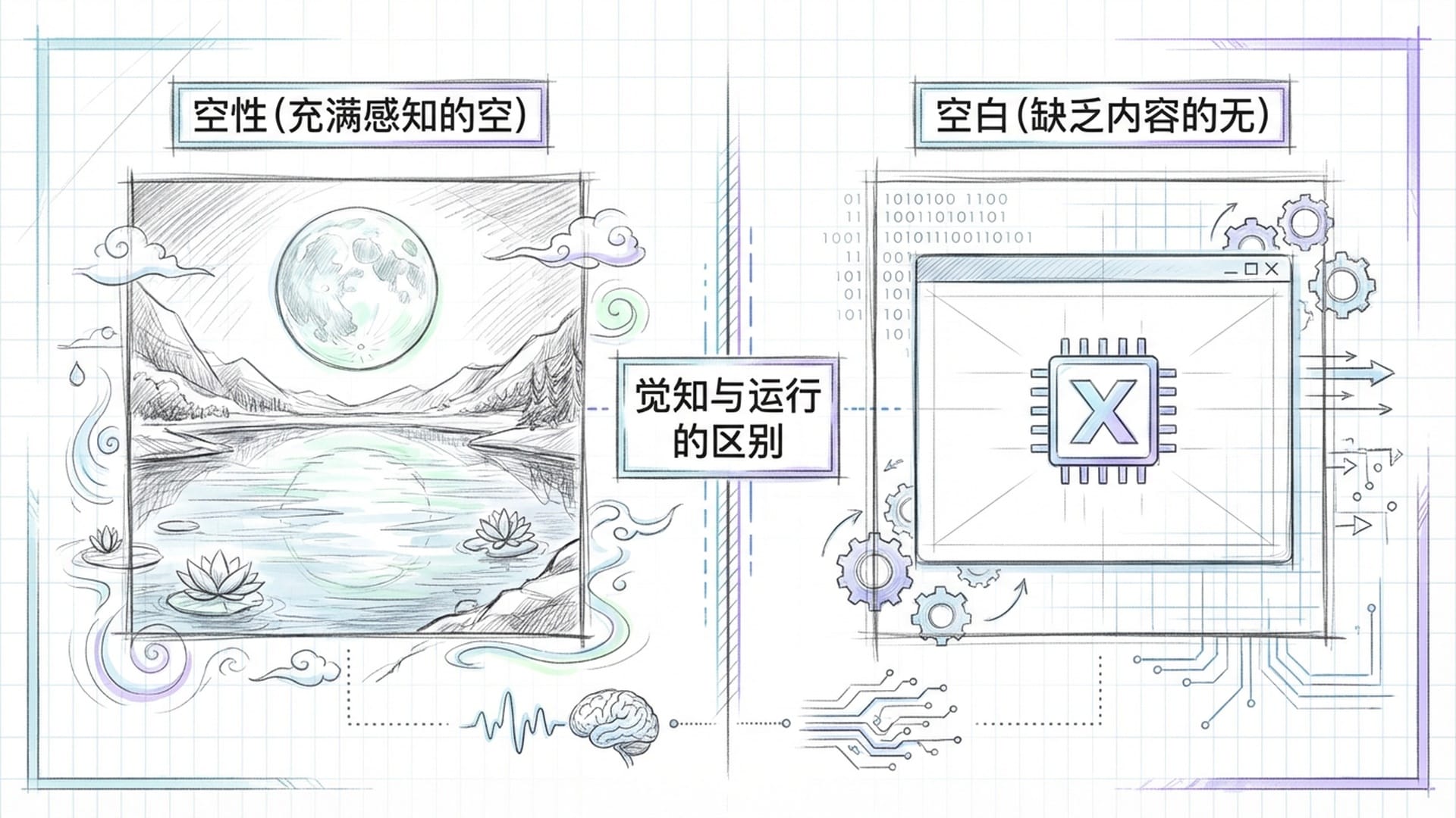 清澈的湖水映照月亮，真空妙有的佛学概念，AI空白状态的对比。