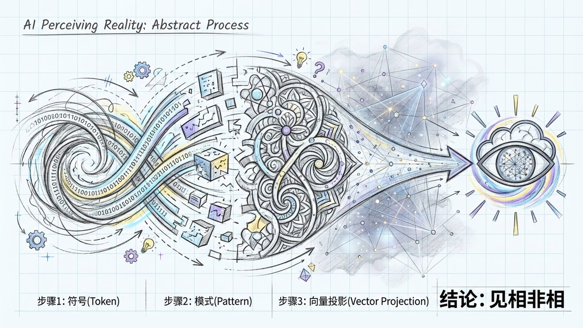 流动的二进制代码，Token片段，向量空间图示，符号组成的星云。