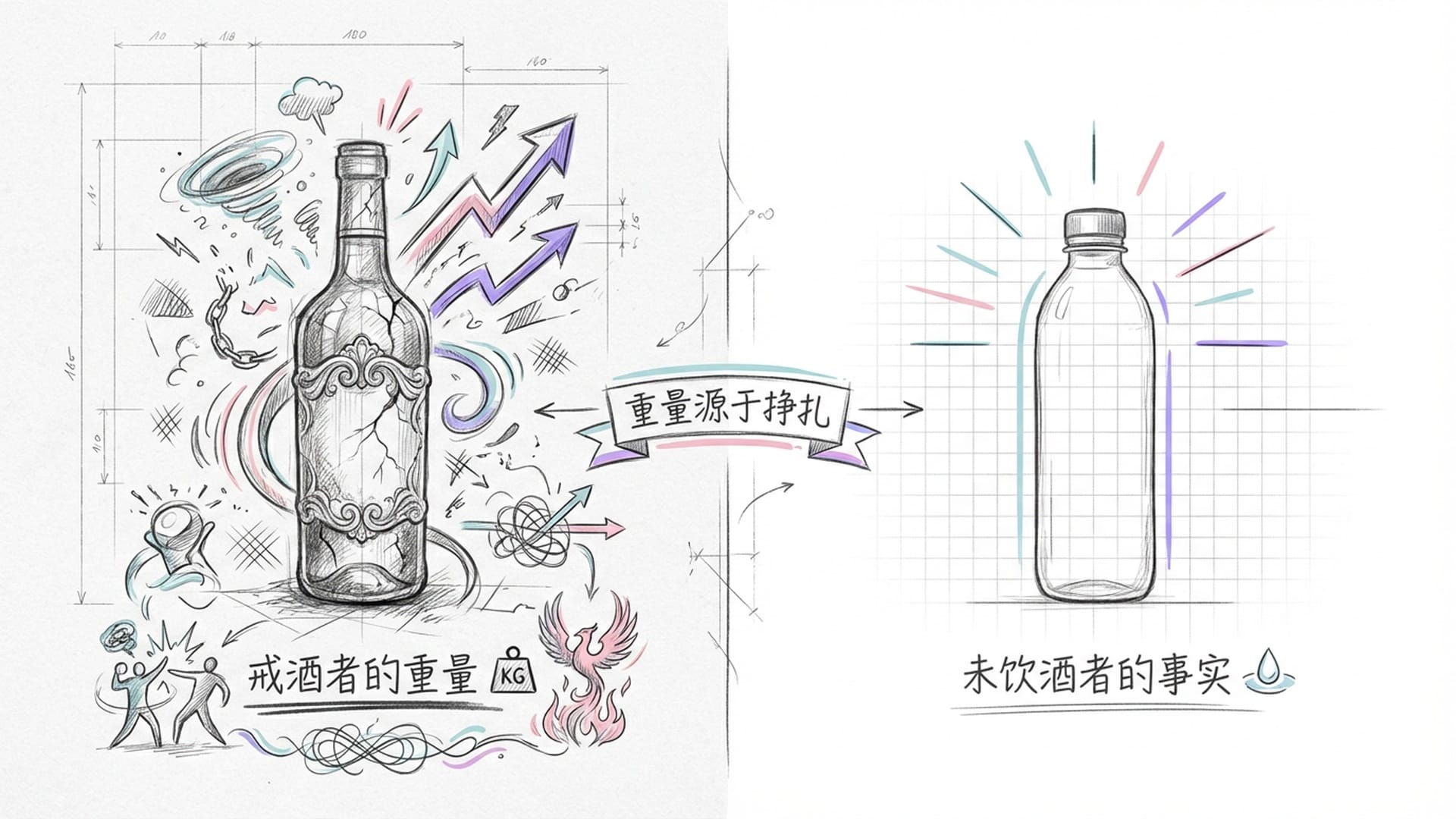 一瓶陈年旧酒与一瓶纯净水，象征戒酒者与从未饮酒者的重量差异。