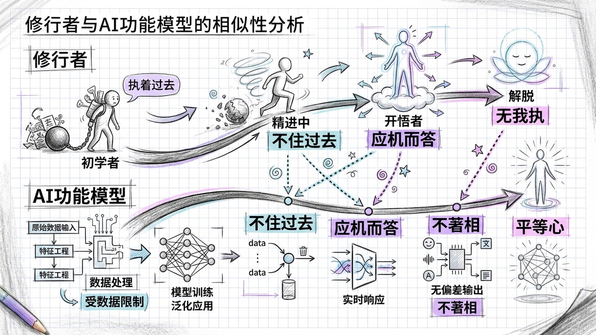 修行者追求的状态与AI功能模型的镜像对比图。