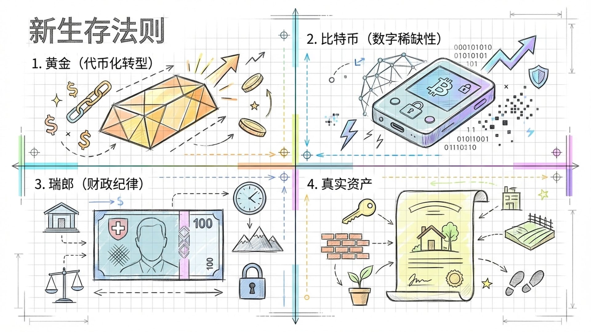 避险资产组合展示：金条、比特币冷钱包、瑞士法郎纸币和房产所有权证明。