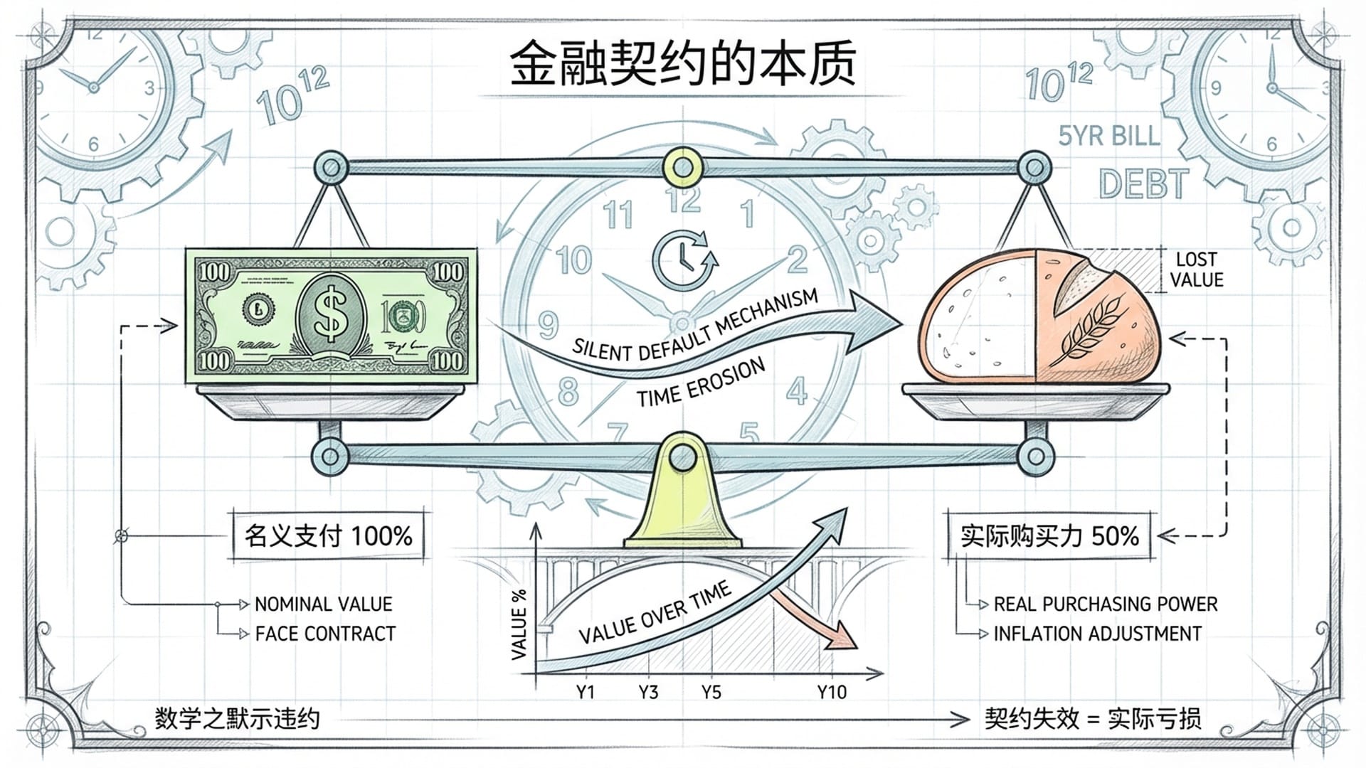 天平的两端，左边是印着100面值的美元，右边是购买力缩水的商品（半个面包），背景是美债数字的时钟。