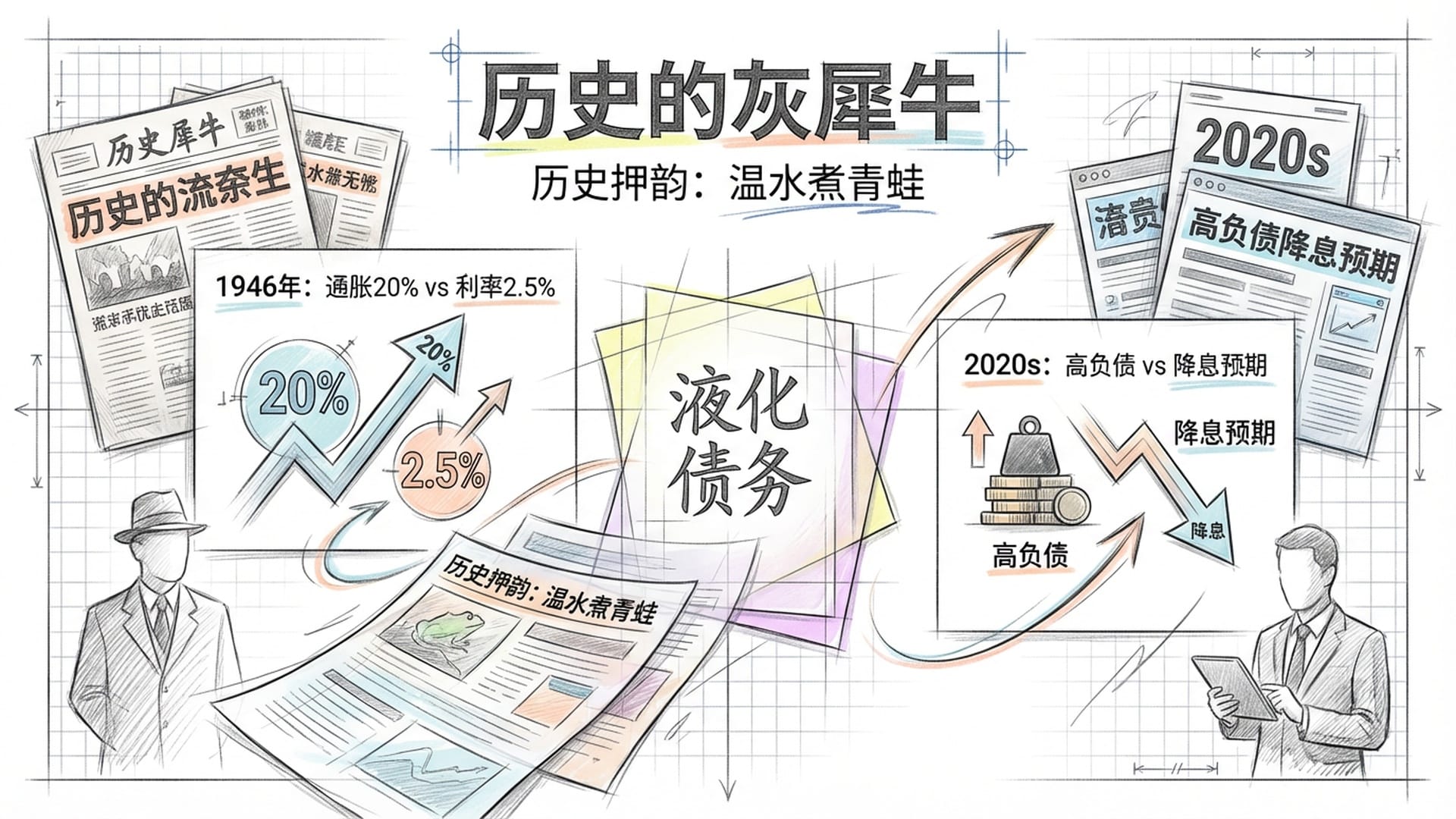 复古风格的历史对比，1945年与2024年的报纸头条重叠，“液化债务”的字样浮现。