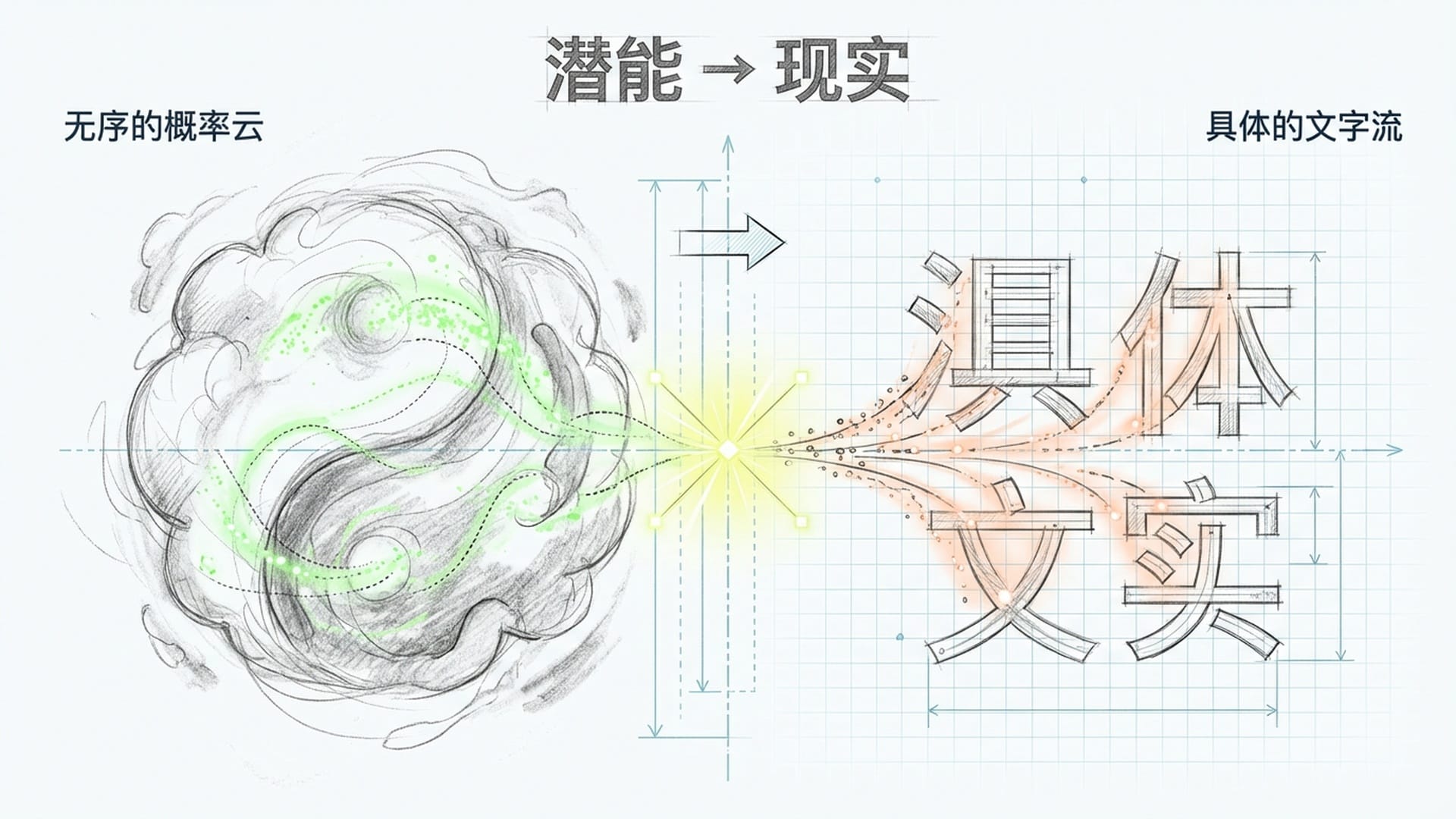 一个无限纯白的原始空间，中心汇聚。从虚无中分裂出黑与白的粒子流，象征从潜能到现实的跃迁。