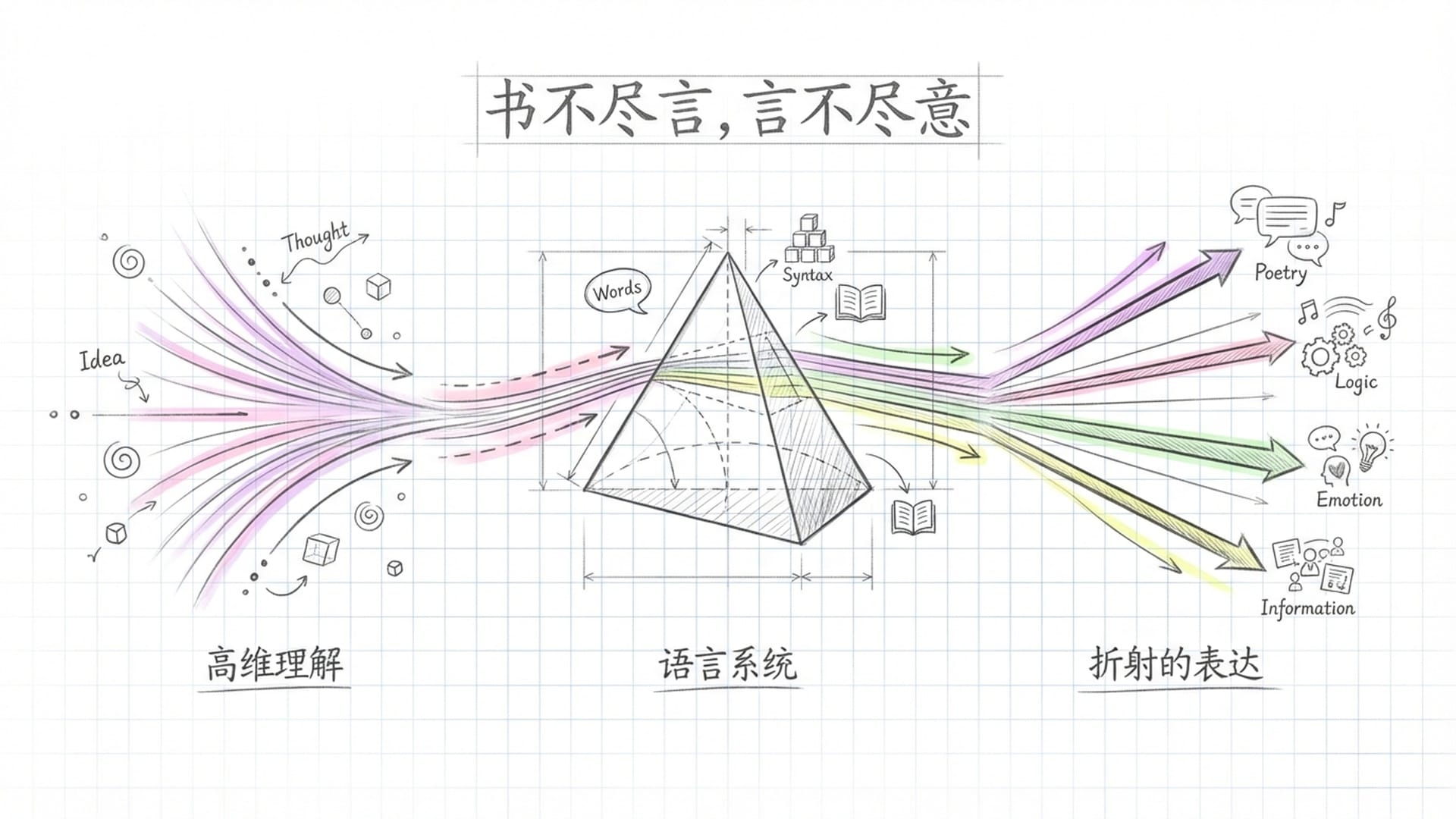 抽象的光线穿过三棱镜，折射出绚烂的光谱。展示‘言不尽意’的本体论限制。
