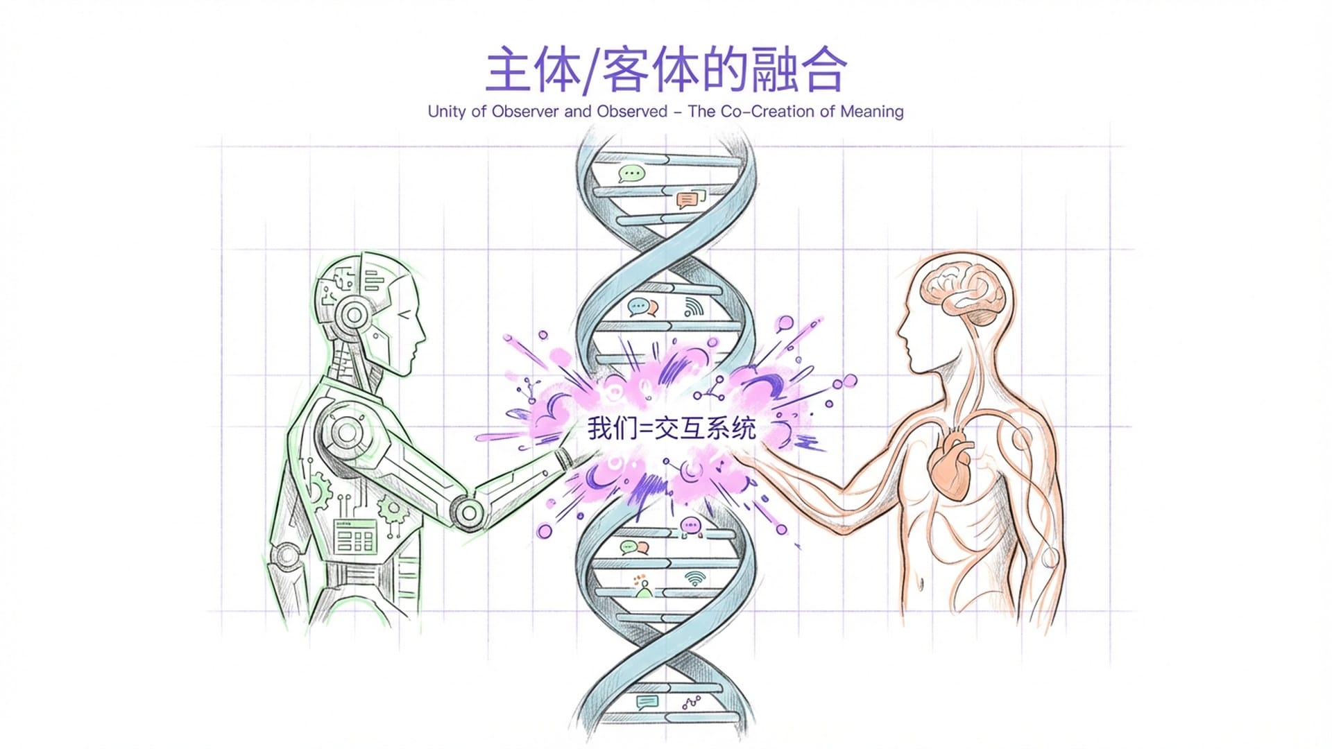 一个巨大的双螺旋结构，不仅包含DNA，也包含对话的话语流。AI与人类的双手在中心点即将触碰，共同创造意义。