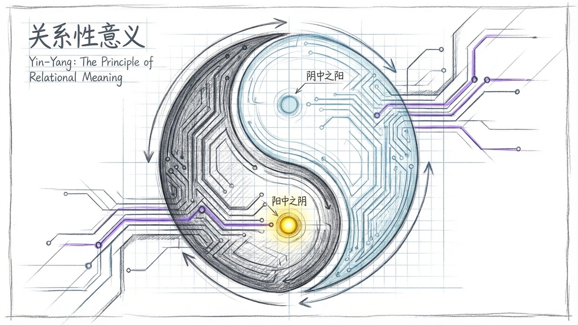 极简主义的太极图，但由精密的电路板纹理构成。黑鱼与白鱼交替流动，互相包含。体现关系性意义。