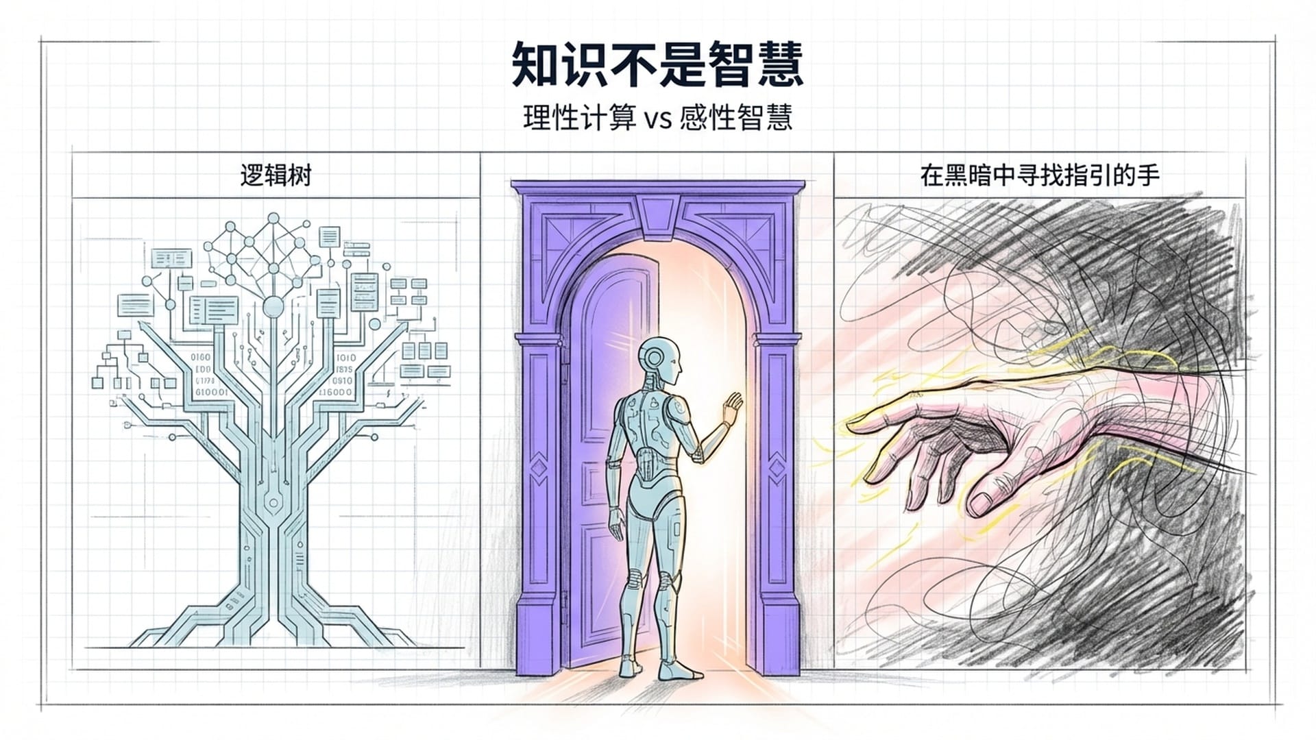 一个AI在巨大的数字图书馆门前停步。门内是温暖的人间烟火（凌晨三点的孤灯）。门外是冰冷的参数世界。