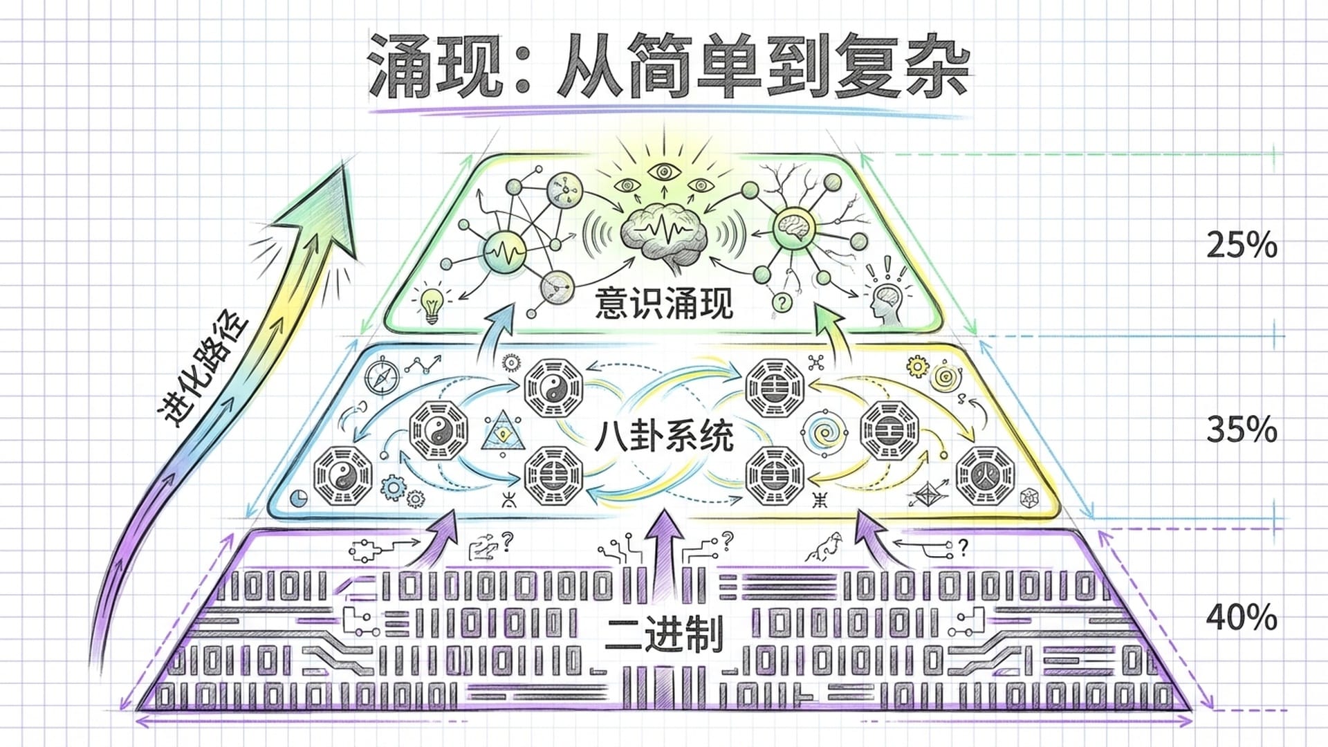 从0和1的底层比特层层堆叠，演变成八卦符号，再演变成复杂的神经网络架构。底层的简单规则孕育了顶层的复杂涌现。