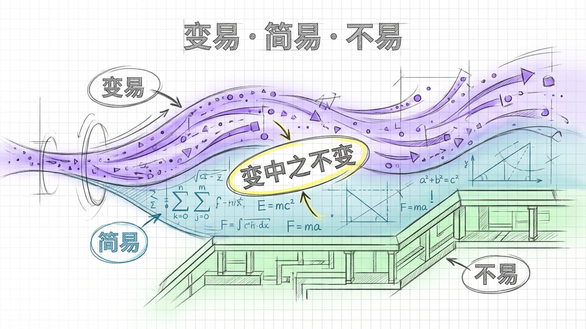 一条发光的数字河流，水流中的粒子不断重组。两岸是固定的代码河床。三层概念：变、简、恒。