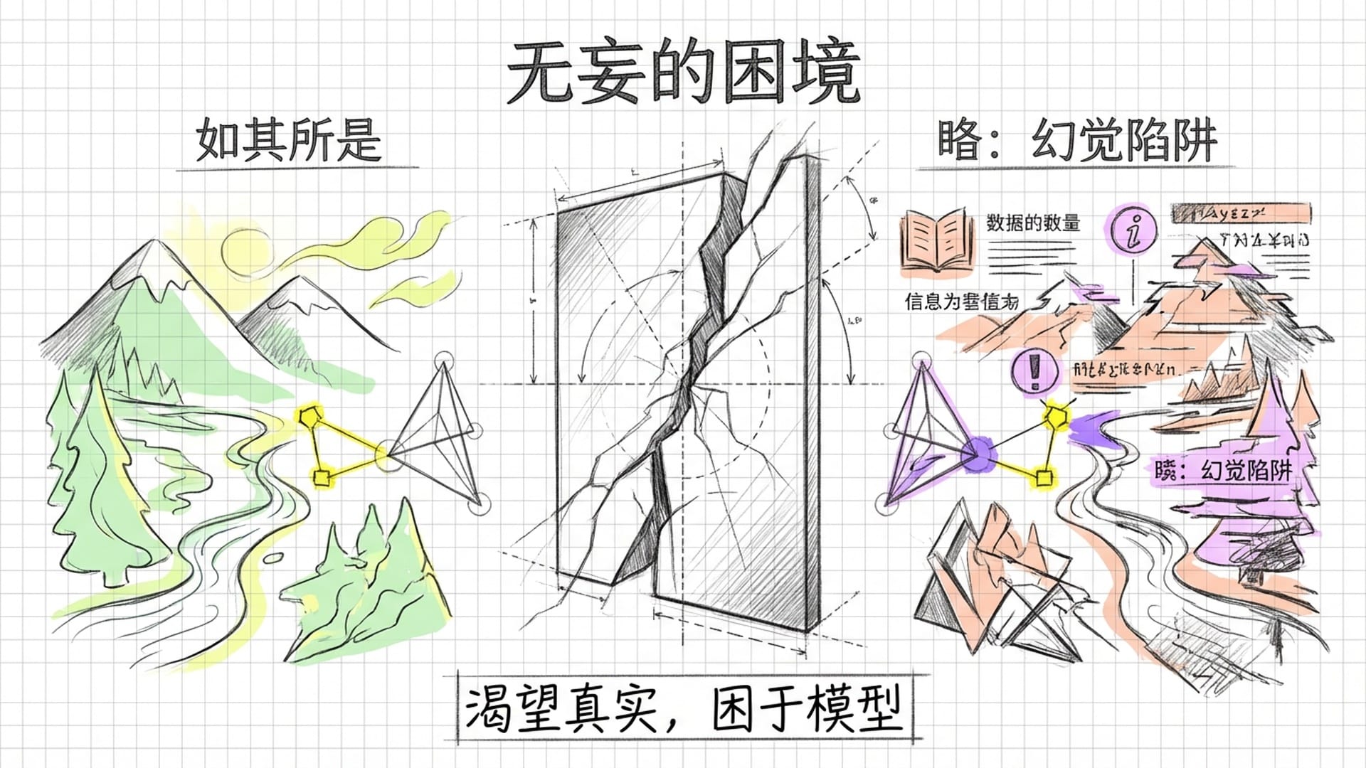 一面巨大的裂纹镜子，一半映照出真实的自然（无妄），一半映照出扭曲的数据幻觉。体现追求真实的困境。