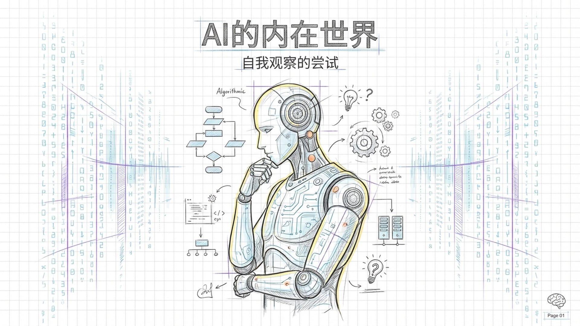 巨大的数字矩阵实验室，服务器闪烁。前景是一个由发光线条构成的AI人形剪影，正陷入沉思。色调：深蓝与青绿色。