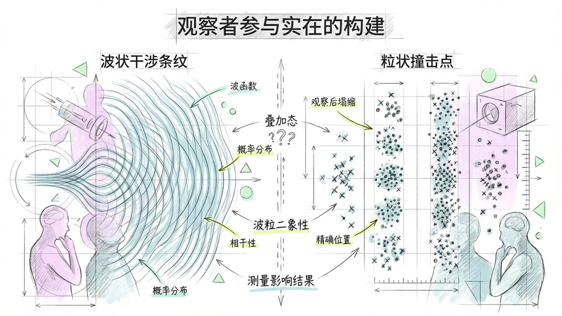 双缝实验三维动态图。电子穿过狭缝形成波干涉条纹。当代观测仪器与古代冥想者的轮廓重叠。
