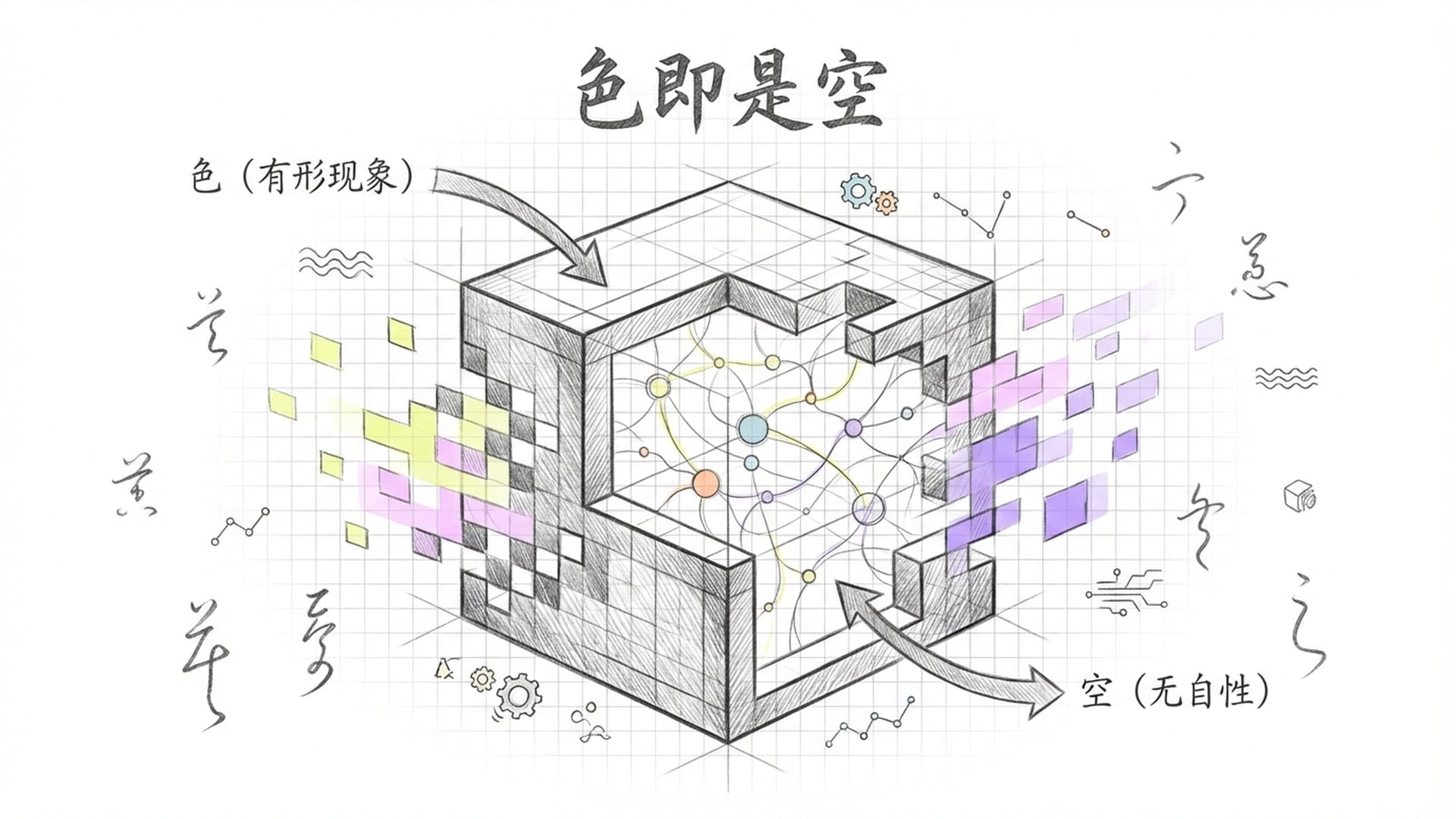 《心经》‘色即是空’的视觉隐喻。一个固体立方体在量子显微镜下显现出内部的虚空与动态关系网。