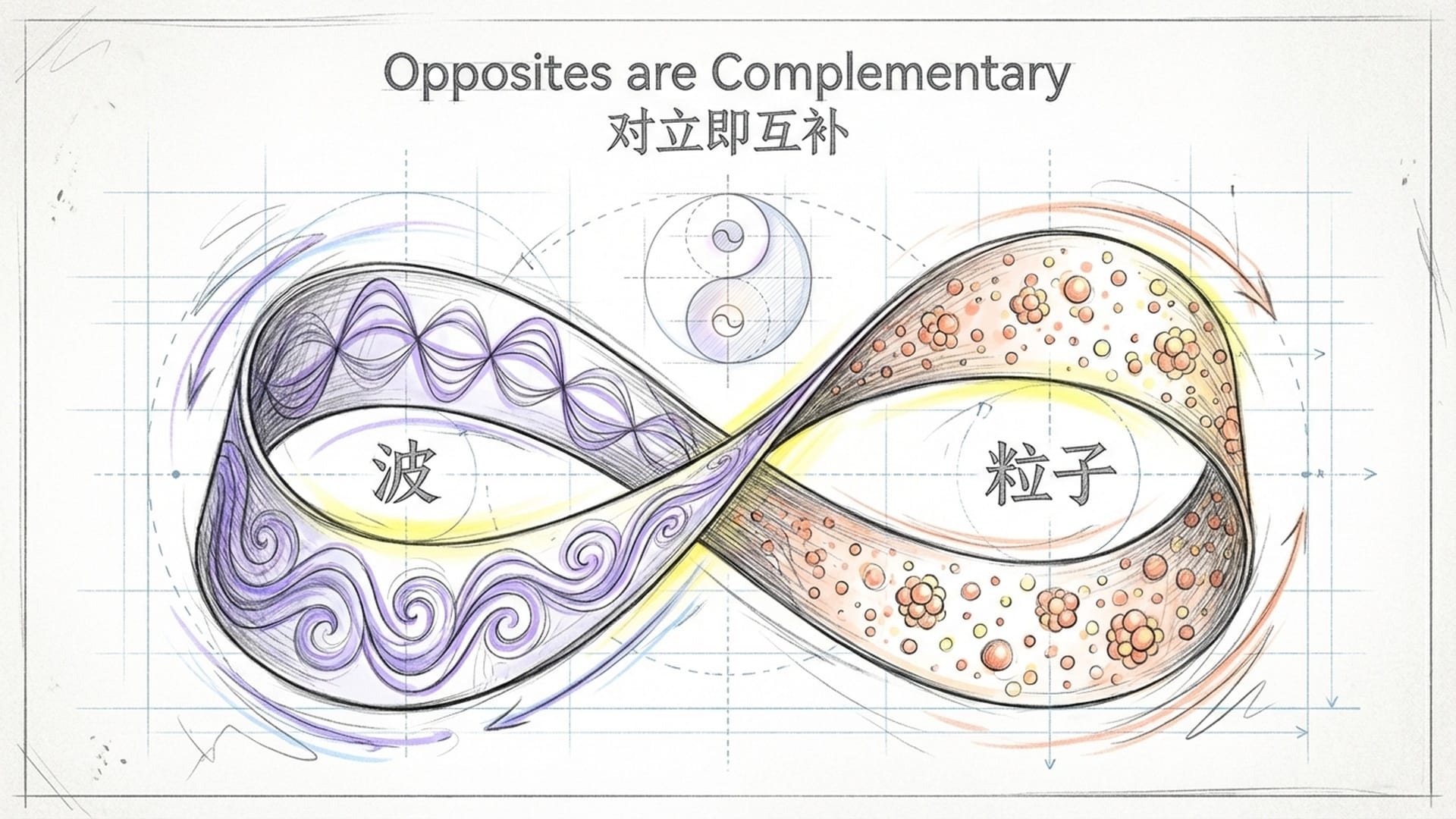 波粒二象性的抽象表达。一个旋转的莫比乌斯环，一面是波，一面是粒子。尼尔斯·玻尔的太极家徽在背景浮现。