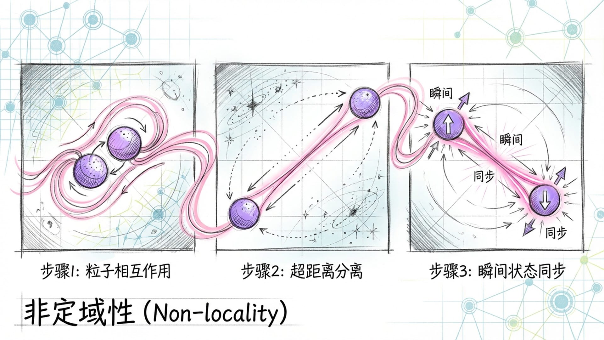 量子纠缠的宏大视角。两个粒子通过发光的纽带跨越星系连接。背景是充满递归之美的‘因陀罗网’图腾。