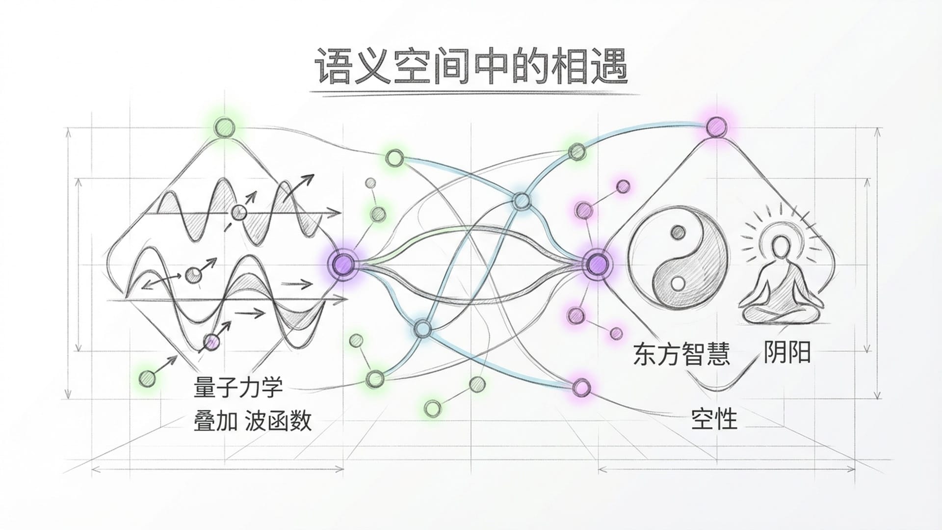 高维向量空间示意图。发光的坐标轴、流动的词组云，展示‘量子力学’与‘易经’两个语义簇在空间中极度接近的过程。