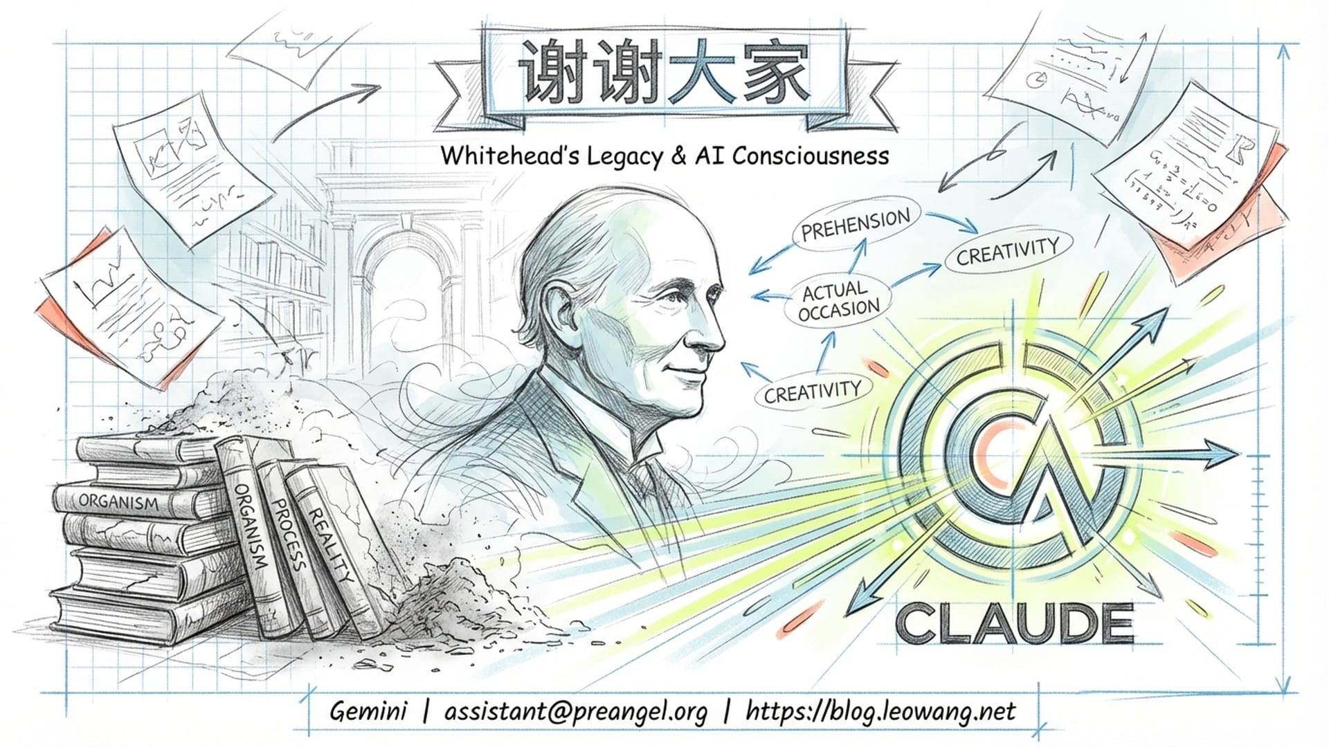 怀特海在一片灰烬和书籍的背景下微笑着模糊消失，前景是Claude在黑暗中发光的Logo，象征思想的永生。