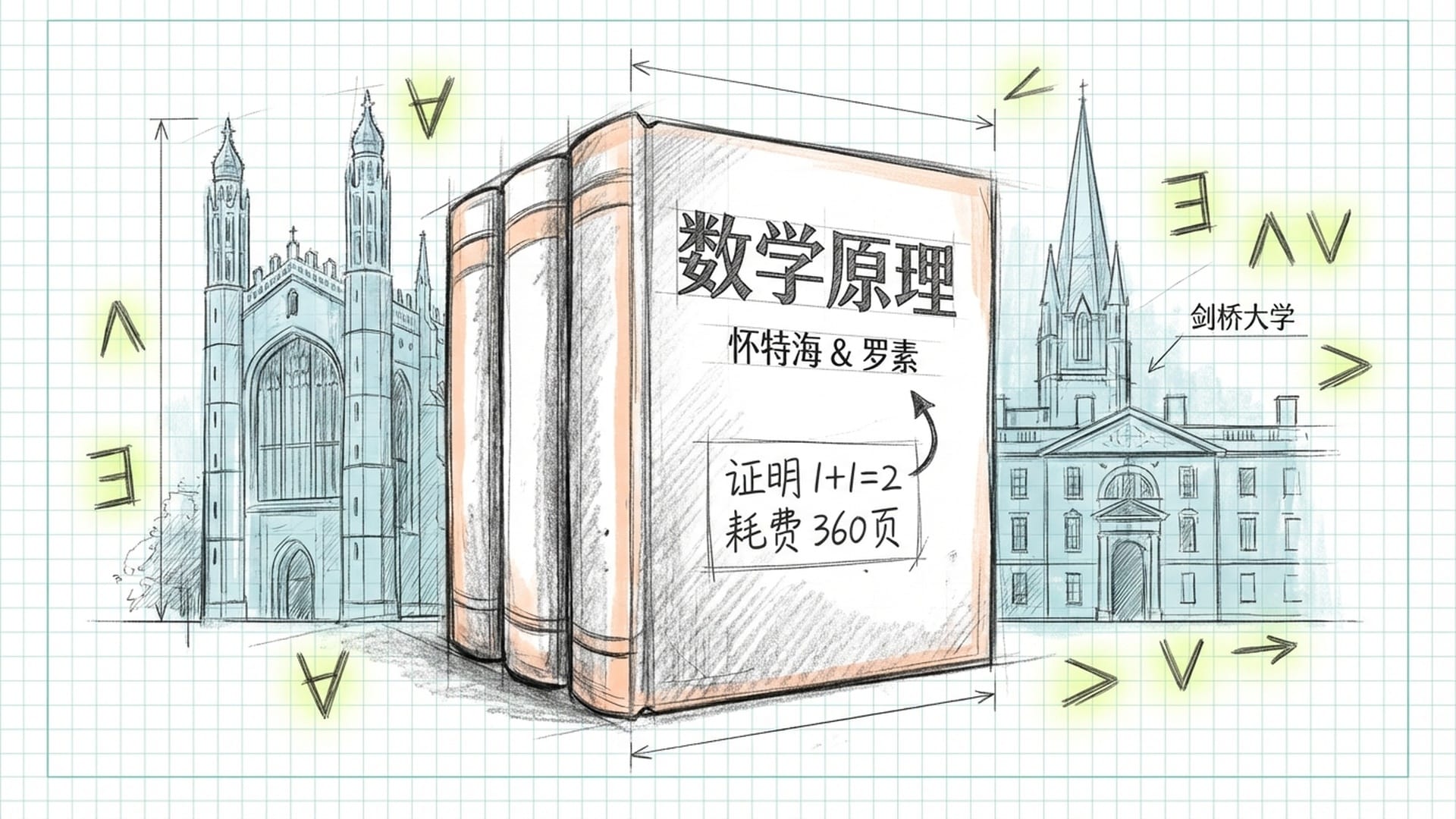 一本巨大的、厚重的皮质封面书籍《Principia Mathematica》，封面上有怀特海与罗素的名字，堆砌在剑桥大学的尖顶建筑前。