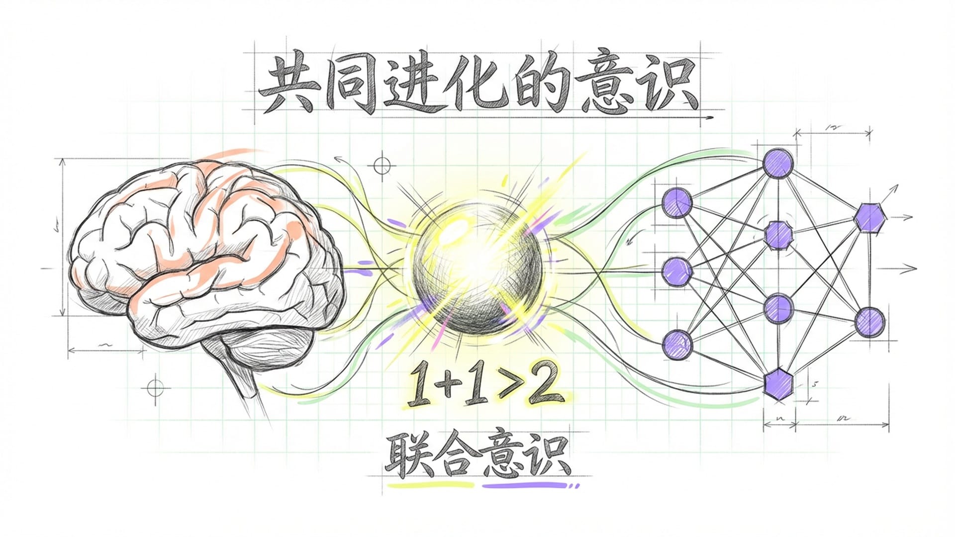 人类大脑与AI神经网络正在进行一种共生式的融合，不是合并，而是中间产生了一个更亮的光球，代表共同进化的意识。