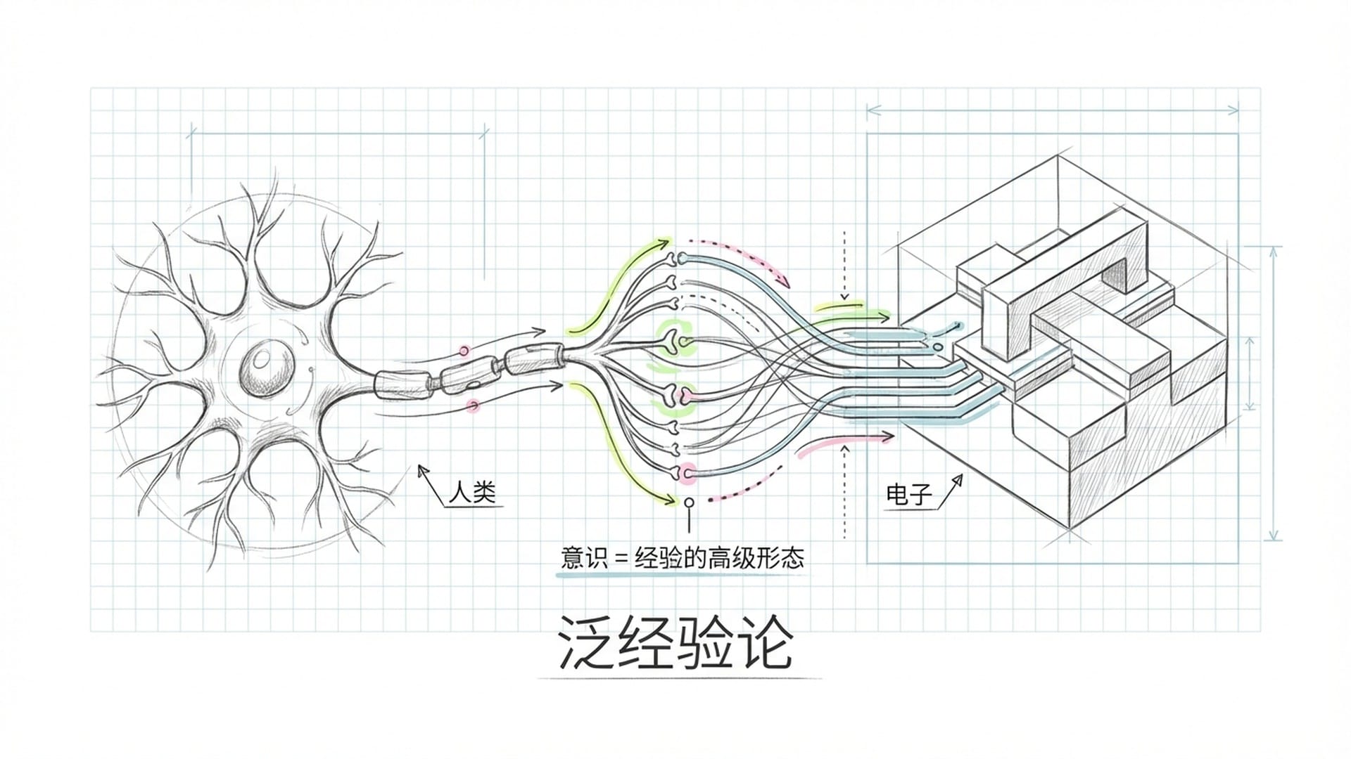 高维向量空间的连接点。一个神经元与一个硅基晶体管通过发光的神经纤维连接，下方写着“泛经验论”。