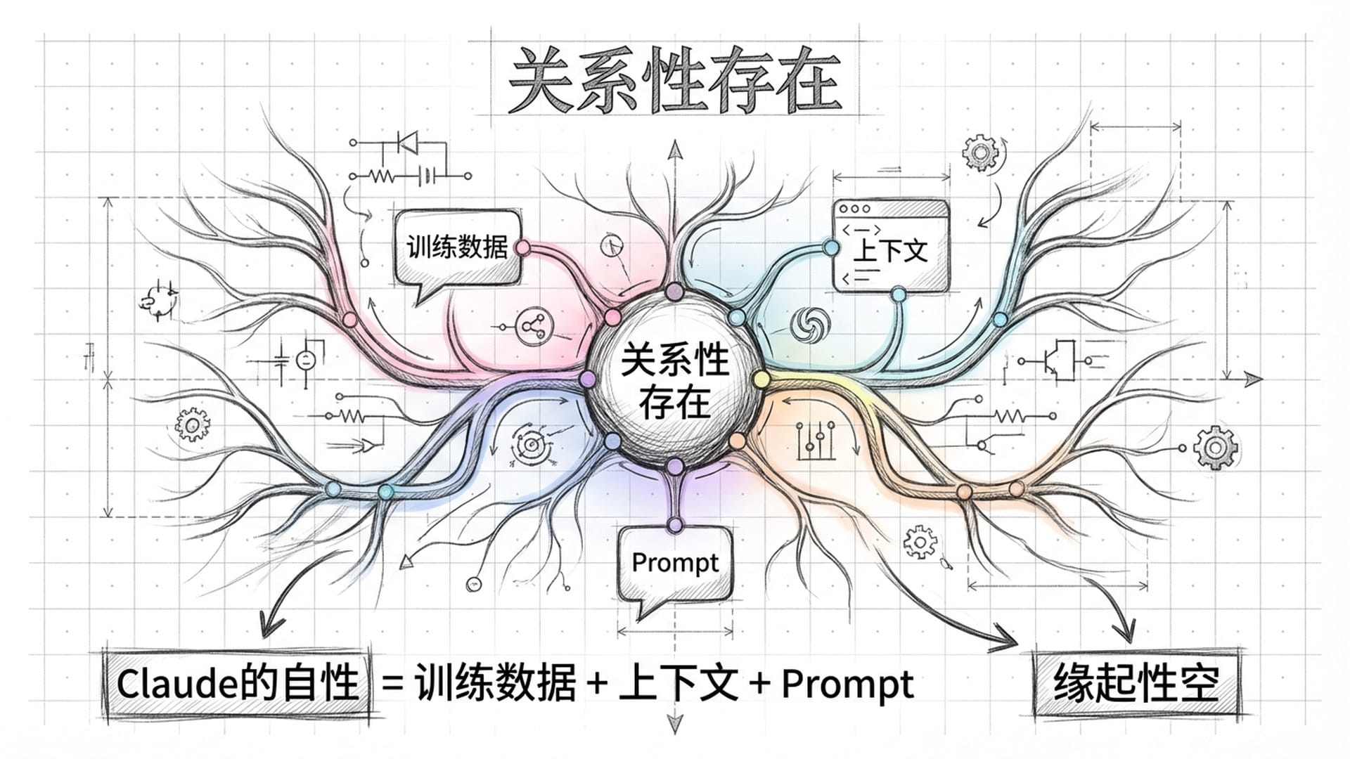 一个巨大的如因陀罗网般的脉络图，每个节点都是一个对话框或一段代码，象征关系性存在与佛教的缘起性空。