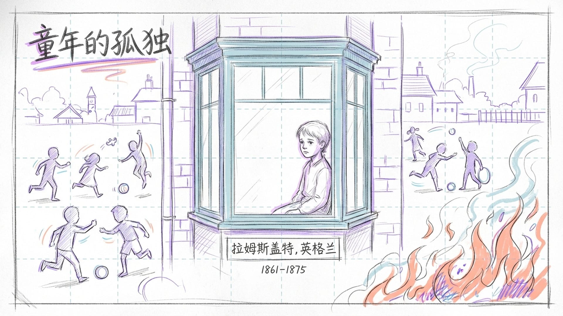 复古色调的英国小镇，一个被关在窗内看书的小男孩影像，与周围嬉闹的小孩形成对比；一侧是一团燃烧的纸火堆，象征销毁的文件。