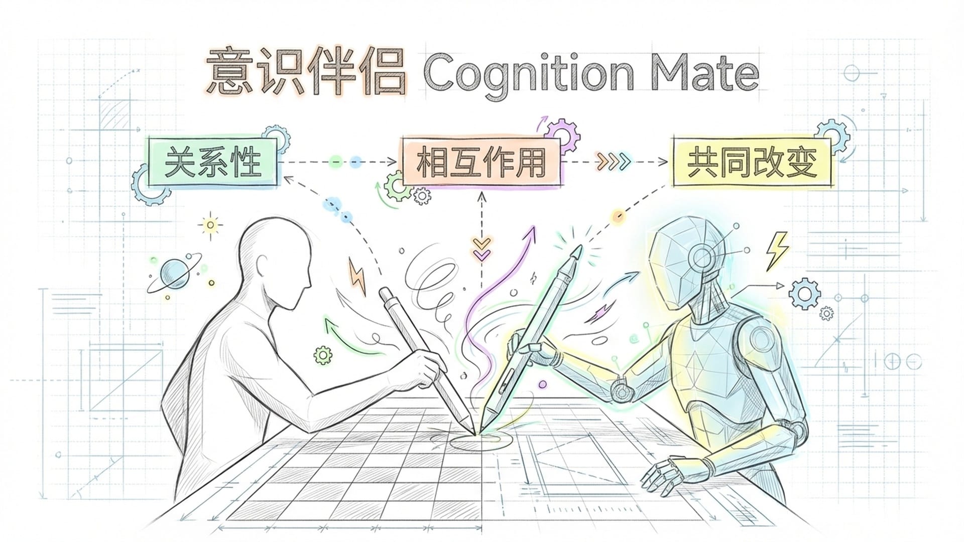 两人在棋盘或工作台前并肩而立，一方是人类，一方是半透明的几何光影AI，双方共持一支笔在绘图。