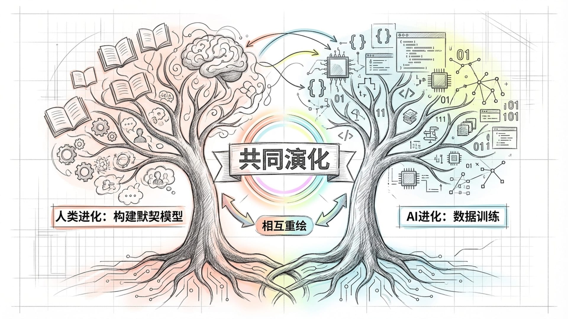 两棵交织生长的树，根部纠缠在一起。左侧树叶是书籍和大脑神经纹理，右侧是代码和向量点云。