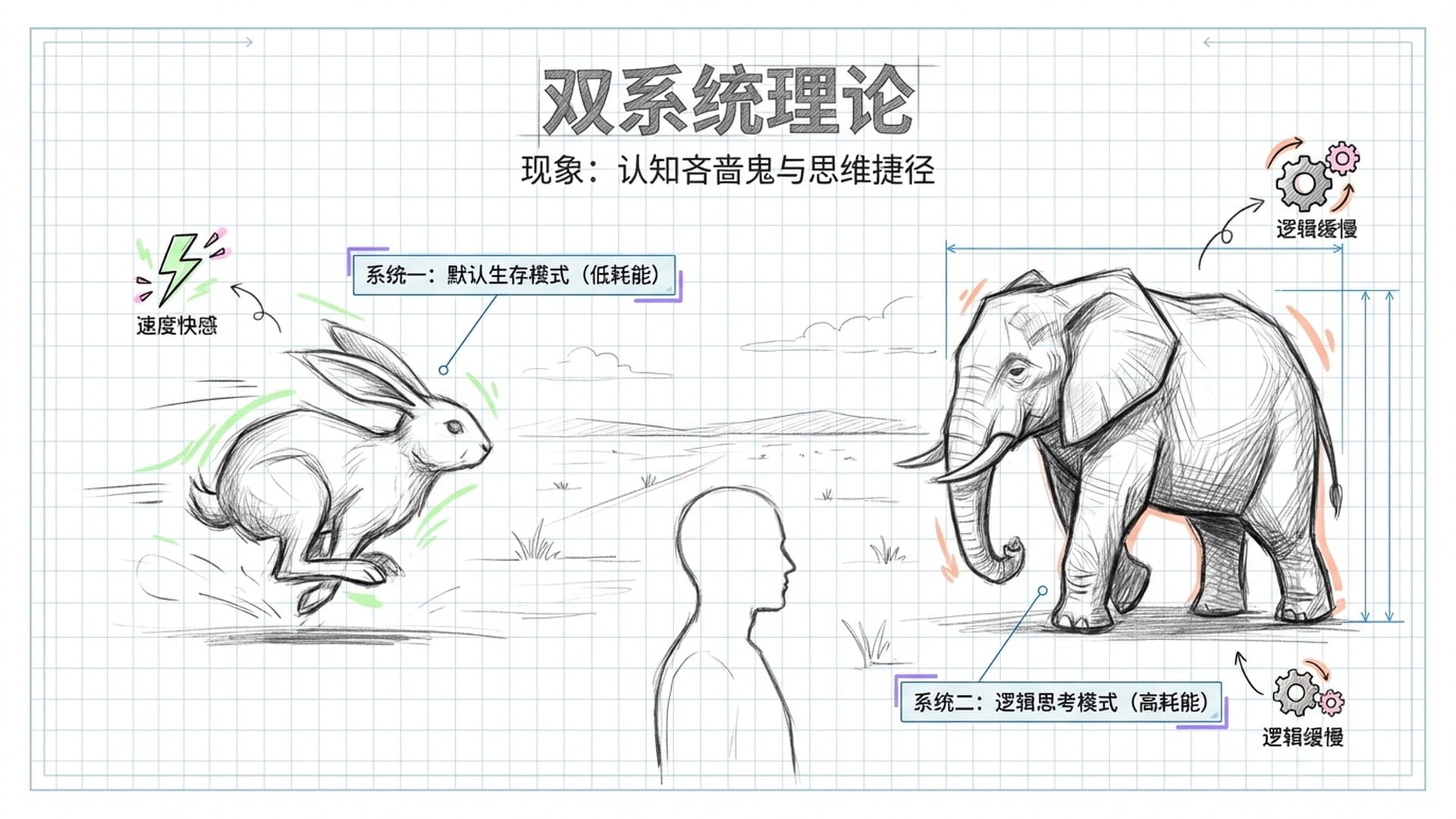 卡尼曼双系统展示。系统1（兔子，快速直觉）和系统2（大象，慢性逻辑）。背景是一个人在非洲草原面对危险。 