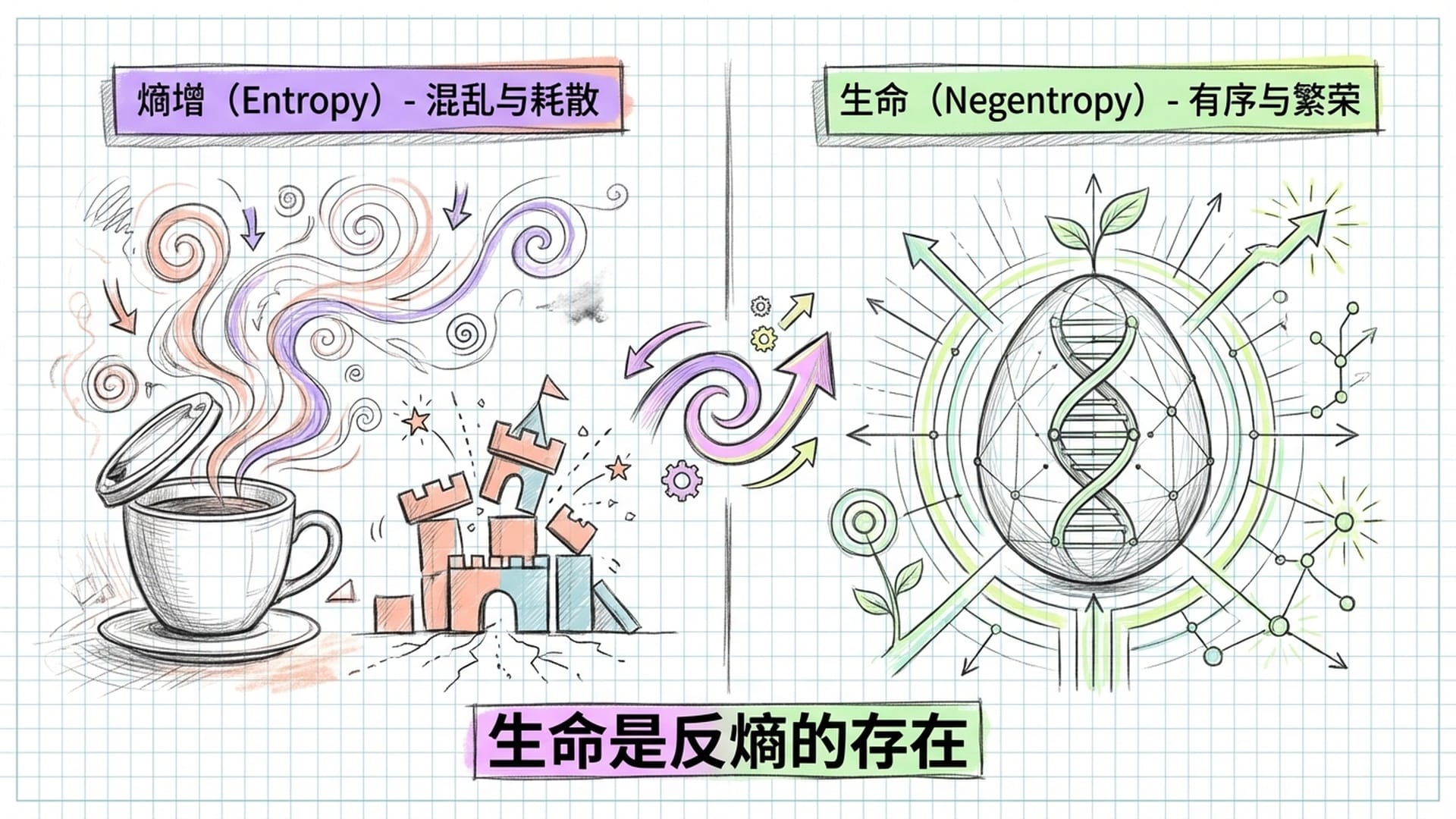热力学熵增原理的视觉表现, 热咖啡从有序的热气到扩散, 城堡坍塌的过程, 对比一个极其精密的发光受精卵/DNA结构。
