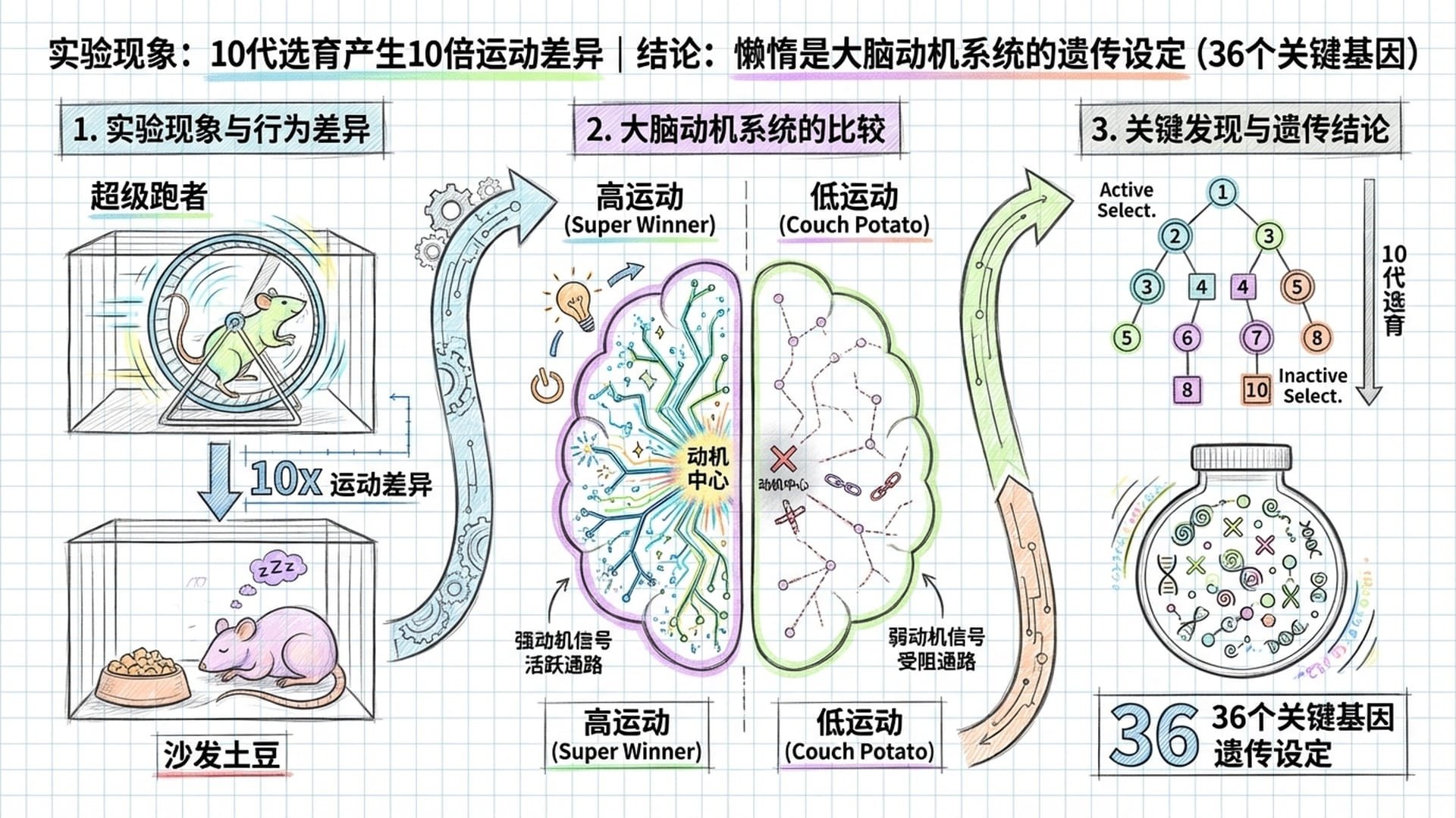 大鼠实验展示。两组笼子：一组满是跑轮的“超级跑者”，一组在盘子边睡觉的“沙发土豆”。大脑切片对比图在中心。