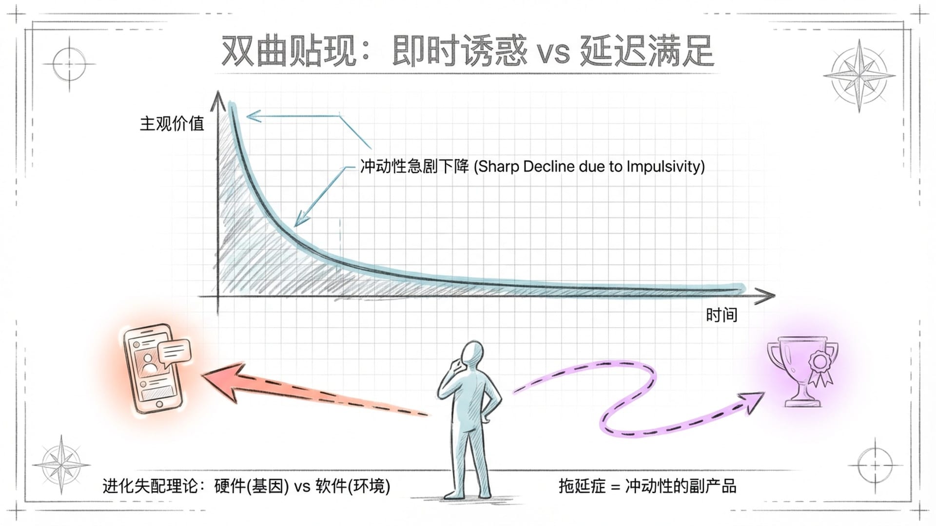 双曲贴现图表：回报主观价值随时间急速下降。一个人面临眼前的手机（即时反馈）和远处的奖杯（延迟满足）的抉择。