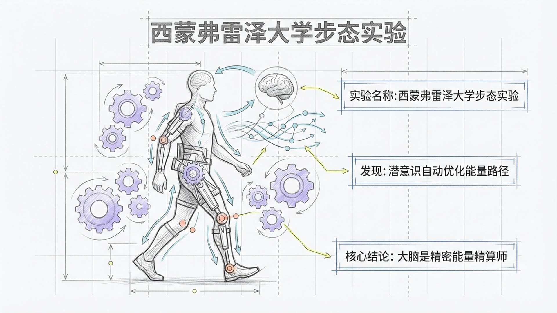 加拿大大学外骨骼实验的示意图。一个穿戴机械骼的人在走步，其上方有精密的齿轮和数据计算在后台处理。