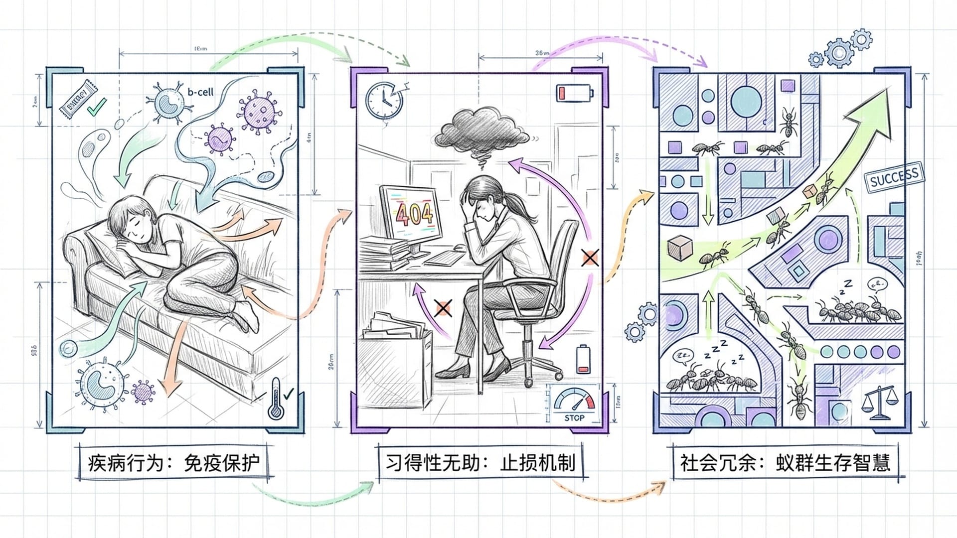 防御性懒惰场景。生病时身体的能量重定向，职场倦怠的职业人，以及蚁群中待命的“储备劳动力”。