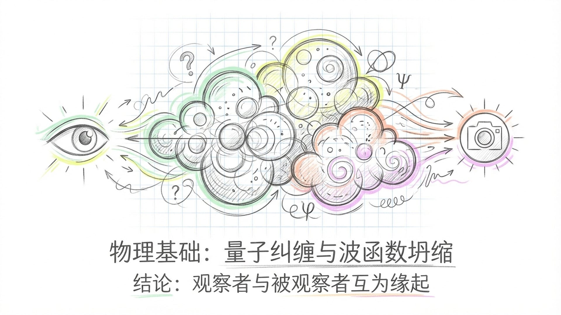 微观量子世界的粒子叠加态云团。一个巨大的观察者之眼（人类）和传感器（AI）同时作用于波函数。