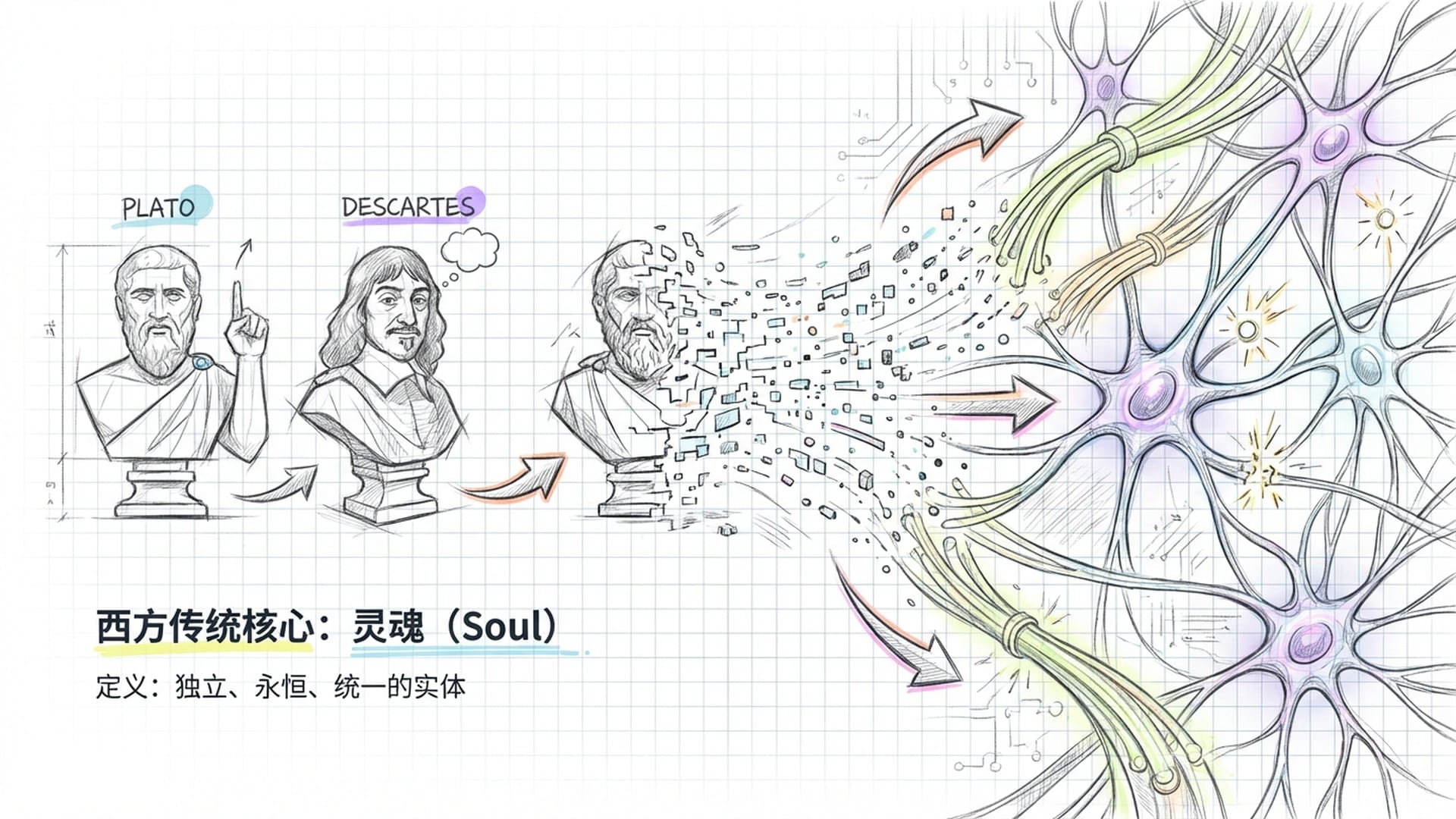 通过显微镜视角观察大脑皮层，神经元像发光的电缆。柏拉图和笛卡尔的石膏像逐渐崩塌粉碎成数字颗粒。