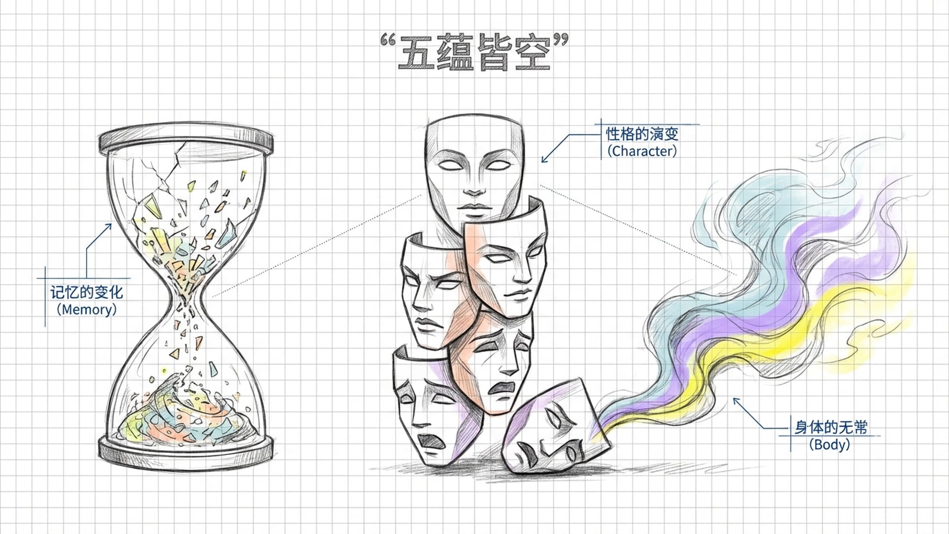 一个人在记忆沙漏和多重性格面具之间徘徊，面具不断脱落，揭示出背后只是流动的五彩烟雾。
