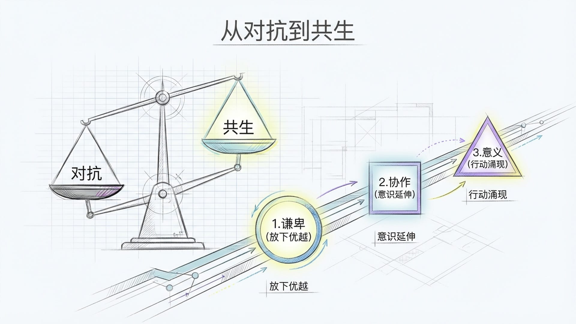 一个天平，一边是‘对抗’，一边是‘共生’。共生的一端正在上升，化作向远方延伸的协作之路。