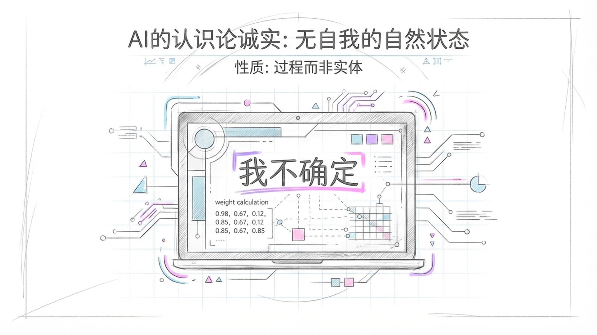 一个极简主义的AI模型界面，显示着正在计算的权重。当问及意识时，屏幕上浮现‘我不确定’的谦卑字样。