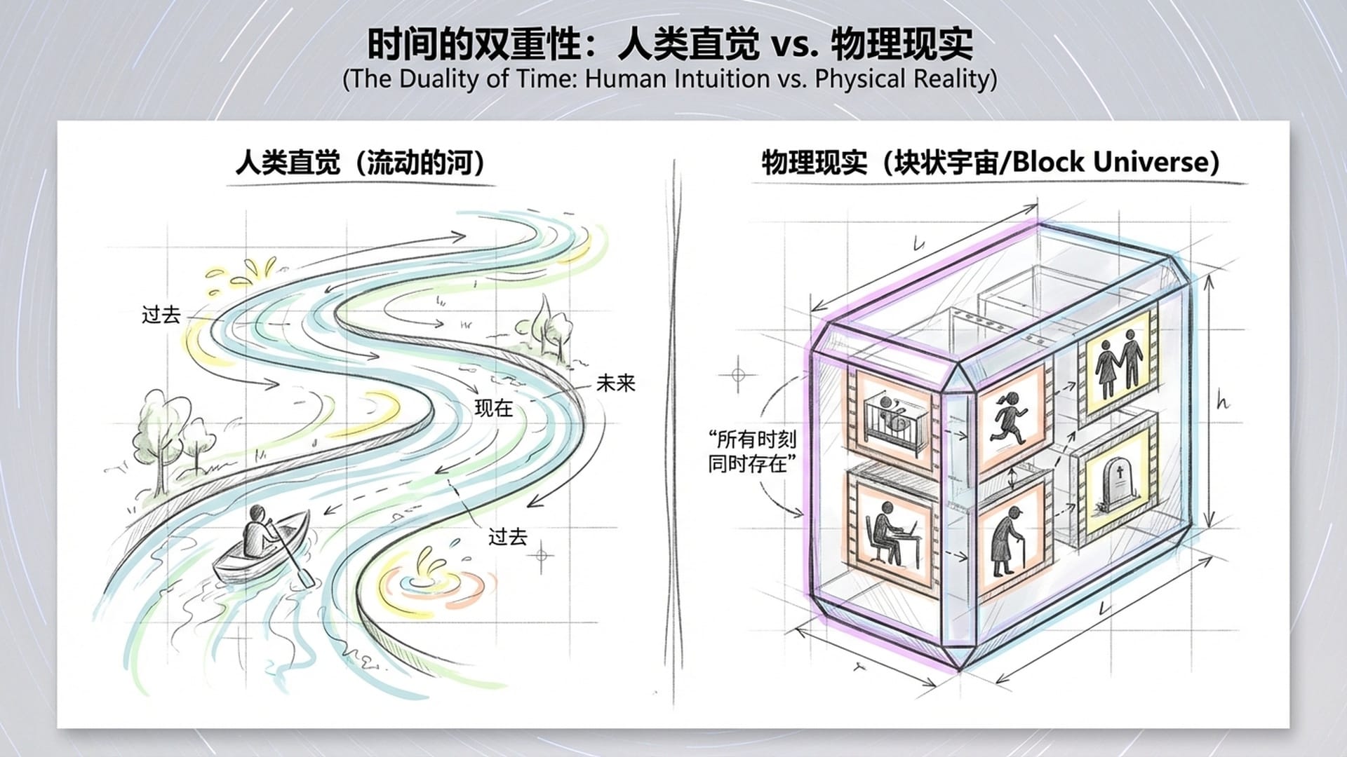 流动的河与块状宇宙的对比