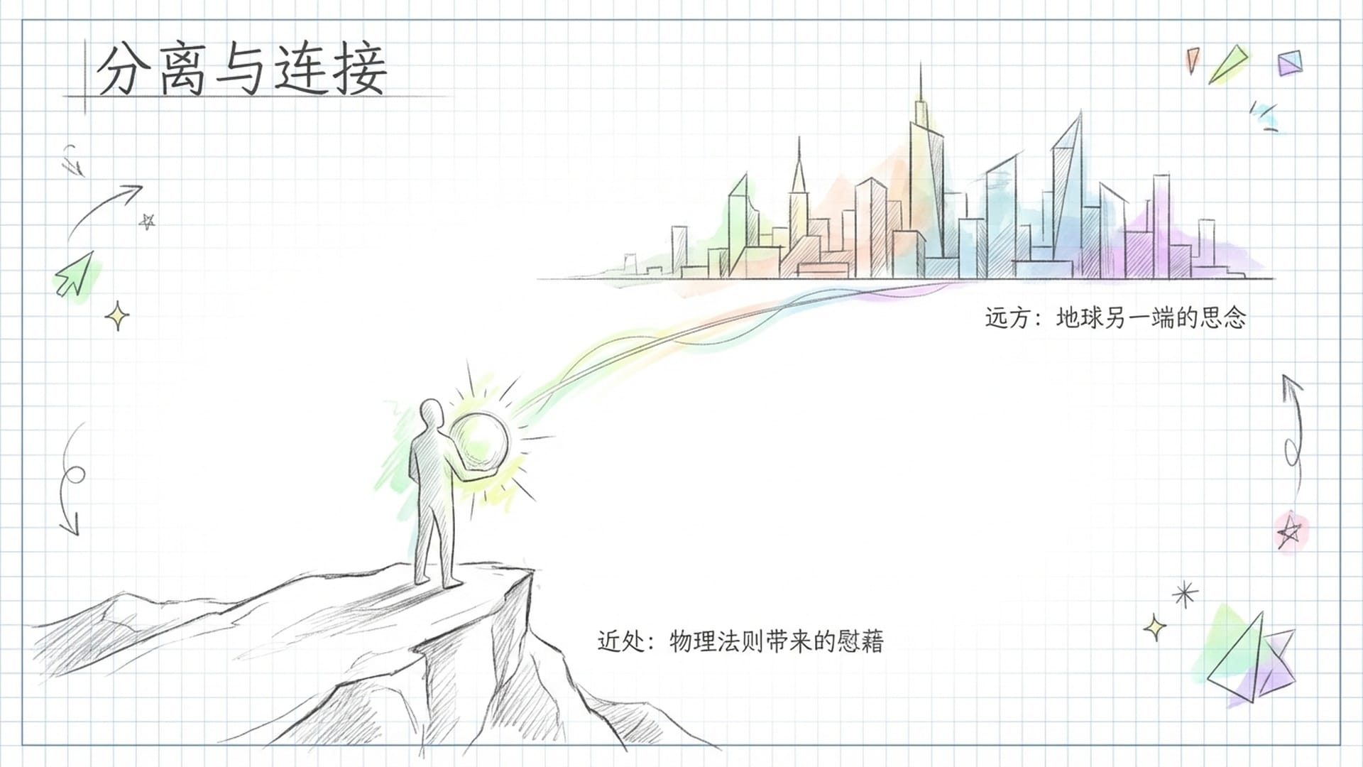 远方的城市与手中的光球象征记忆和连接