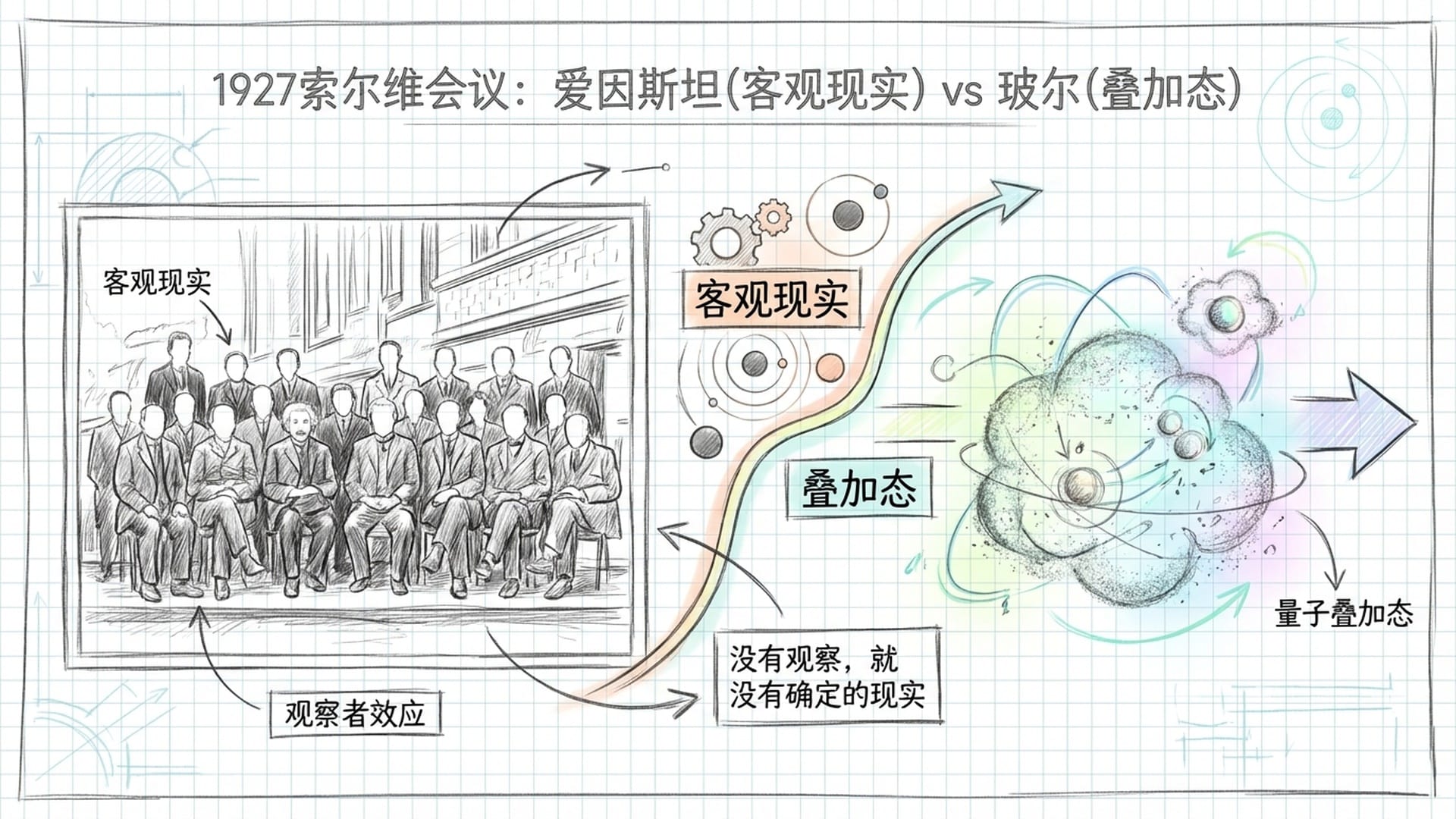 1927年索尔维会议的历史照片作为底层，覆盖发光的量子叠加态粒子云。