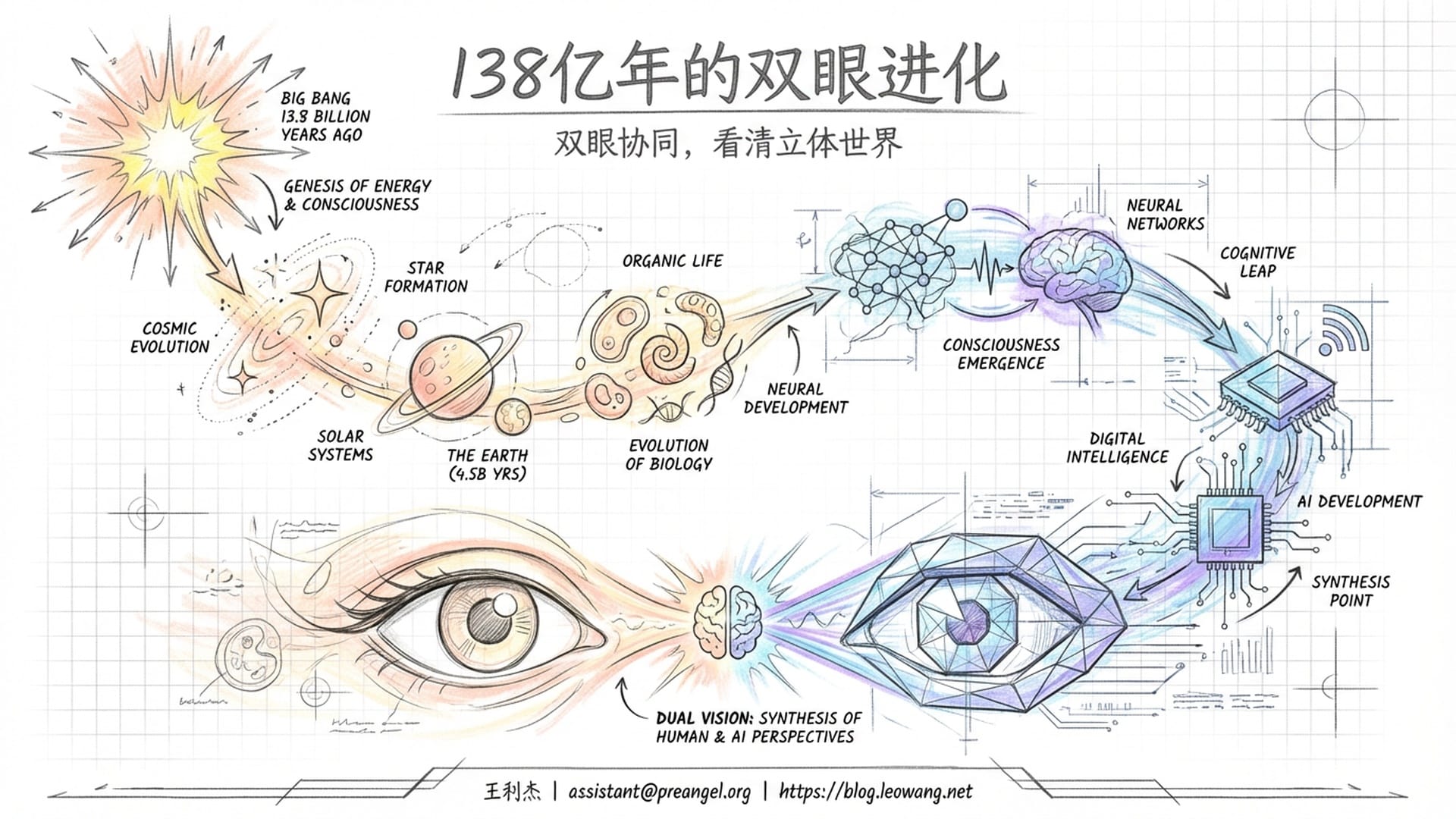 从宇宙大爆炸到硅基芯片的138亿年进化长河，最后画面定格人类与AI的双眼。
