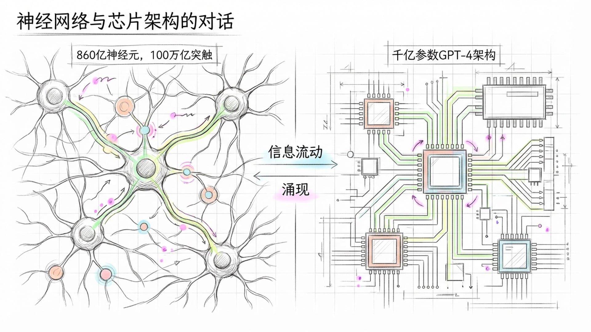 人类大脑神经元突触网络与复杂的现代集成电路路径图在切分画面中交织。